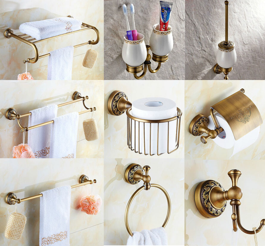 Antique Brass Bathroom Bath Hardware Accessories Set Towel Bar Rail Wall Mount