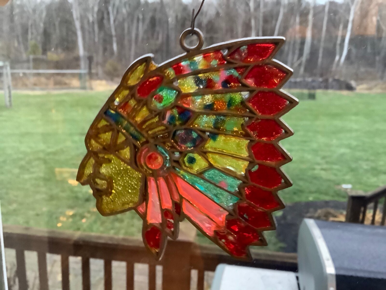 VTG 3.5” Suncatcher Stained Glass Window Decoration INDIAN Headdress Blackhawks