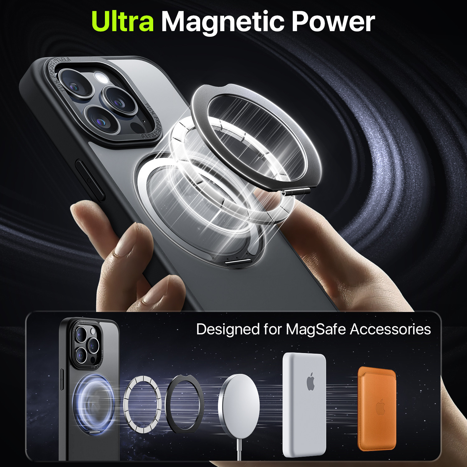 Rotatable Ring Stand Case , Compatible With MagSafe, Raised Camera Frame Kicksta