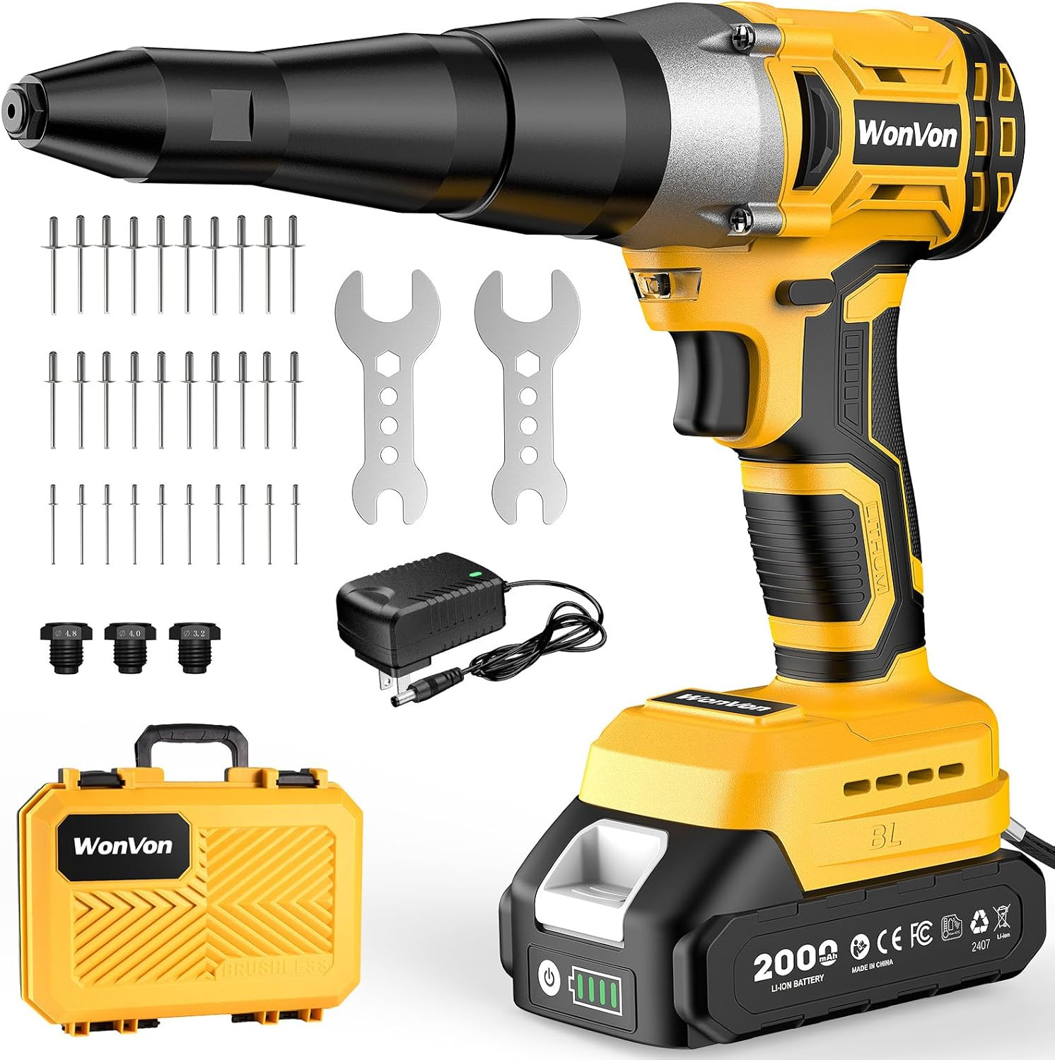 Cordless Electric Rivet Gun Tool 20V Max Battery, Brushless Automatic Kit Rivets