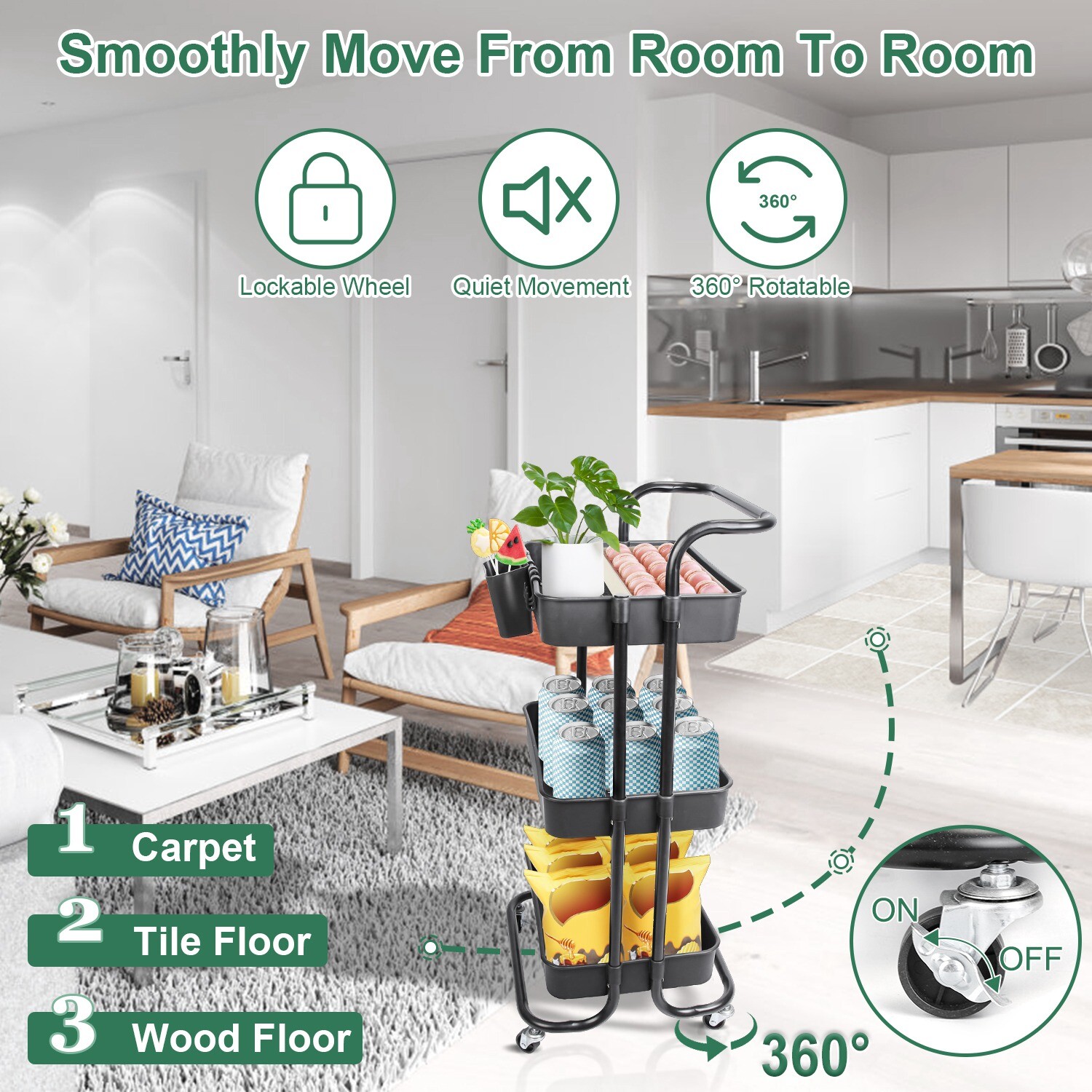 3 Tier Rolling Utility Cart Movable Storage Organizer w/ Baskets Lockable Wheels