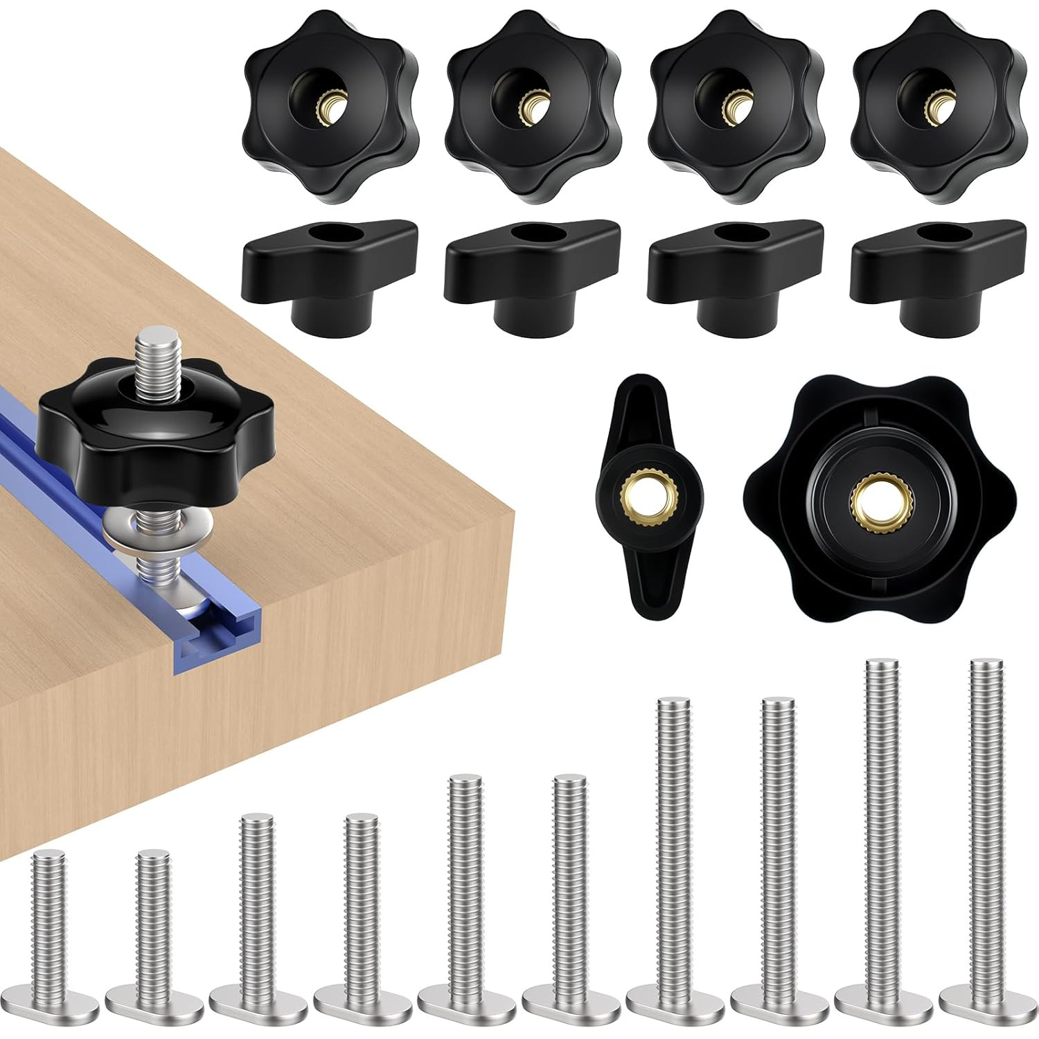 20 Piece Set 1/4"-20 T Track Knob Kit, T-Track Accessories Include 1/4"-20 Bo...