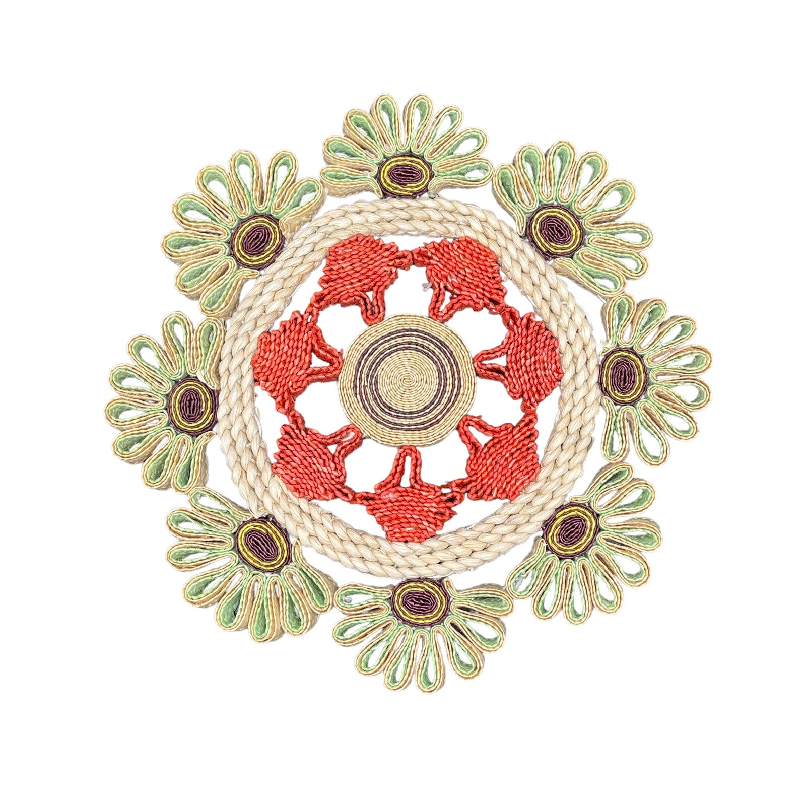 VTG Wicker Straw Trivet Woven Raffia Boho Colorful Red Brown Beige Green 6 inch