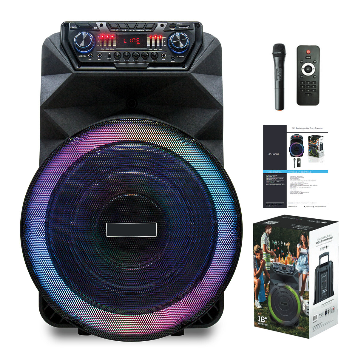 18" 4500W Portable Bluetooth Speaker with Wireless Mic Rechargeable Bass