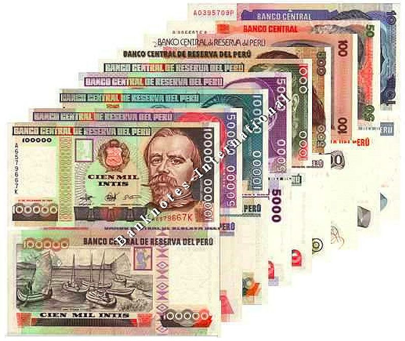 PERU SET OF 9 PCS 10 - 500 1000 5000 10000 50000 100000 INTIS 1981-88 UNC