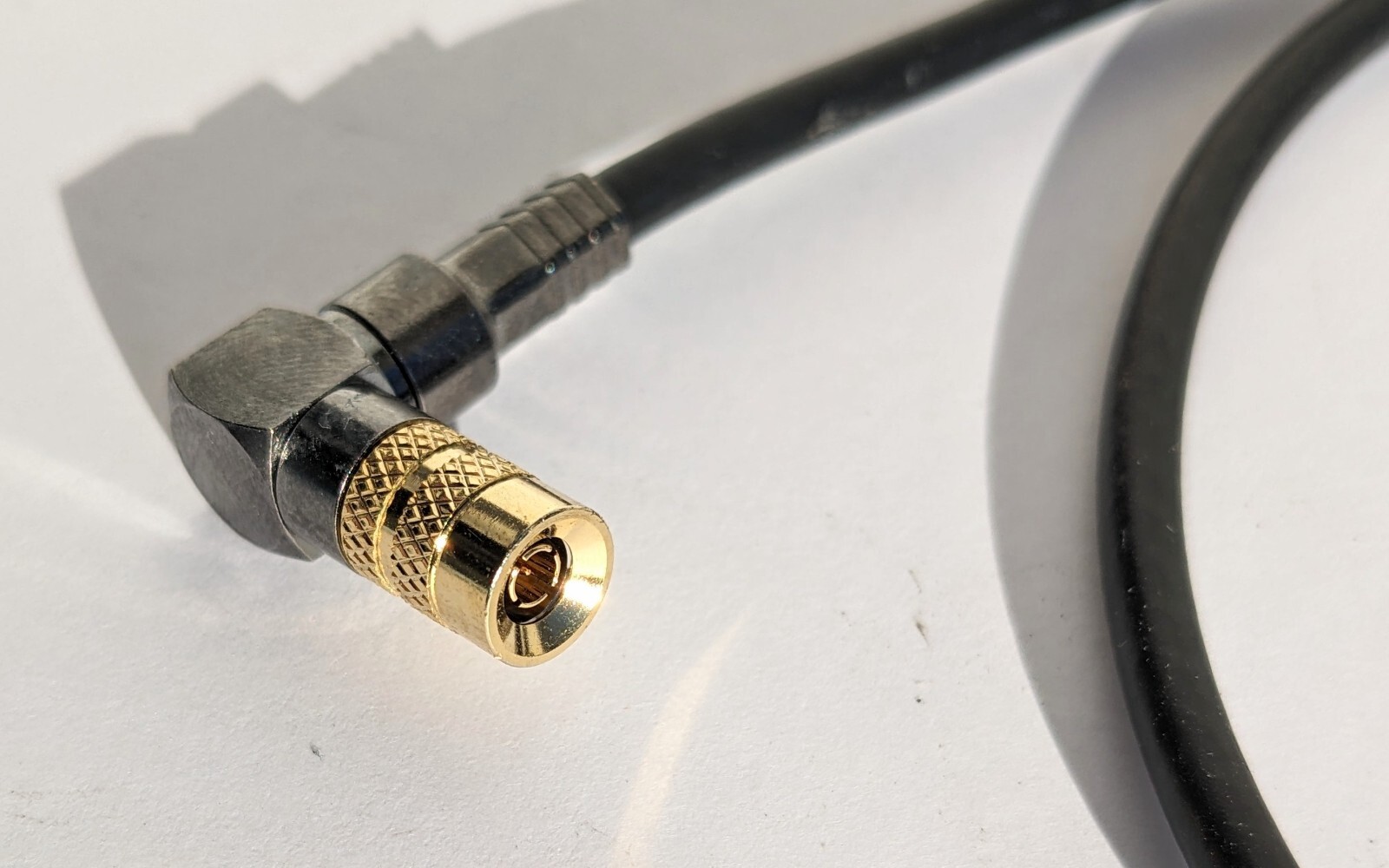 Right Angle Gold Mini DIN 1.0/2.3 to HD SDI BNC female on Belden 1855A, 2 feet