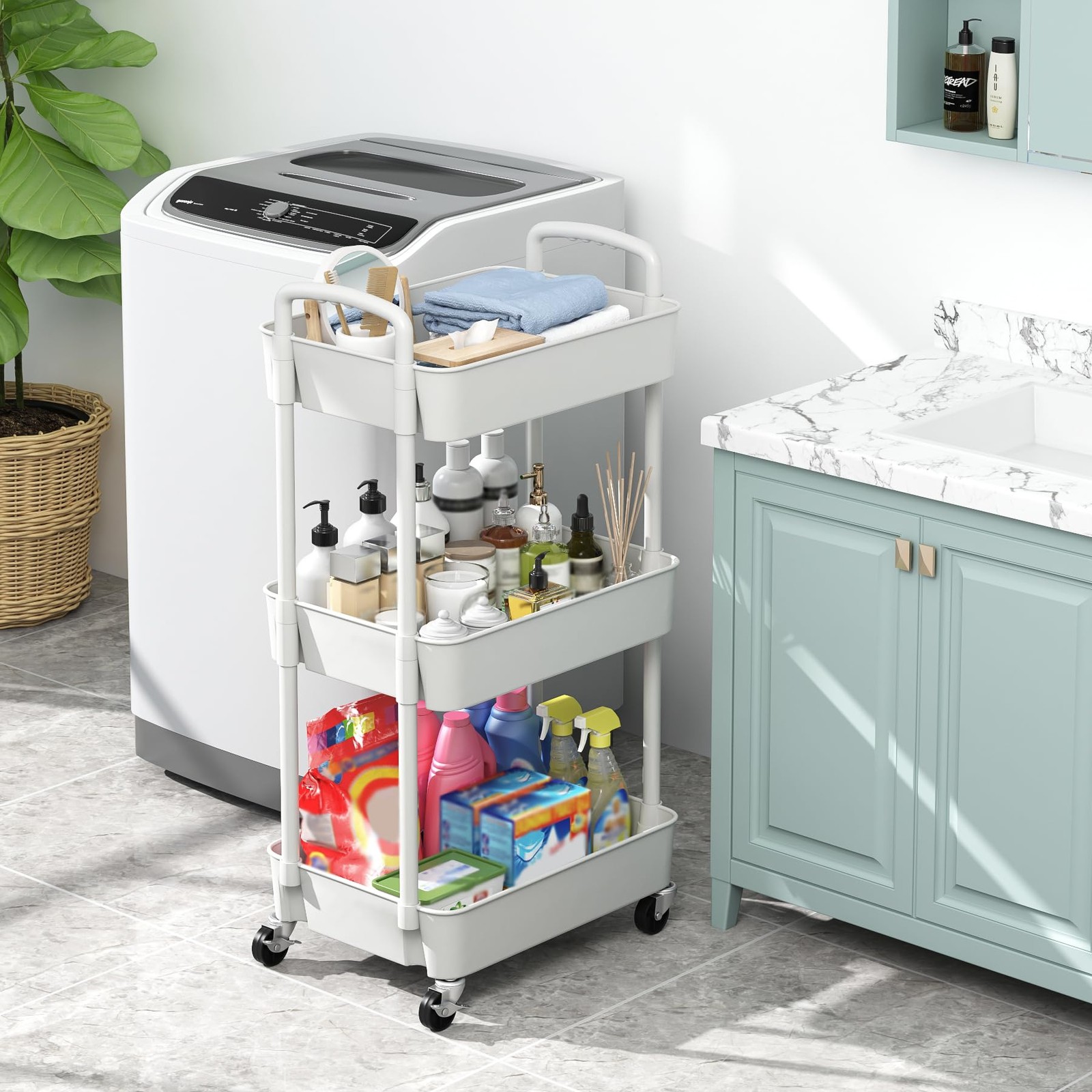 3-Tier Plastic Rolling Utility Cart with Wheels for Storage,White