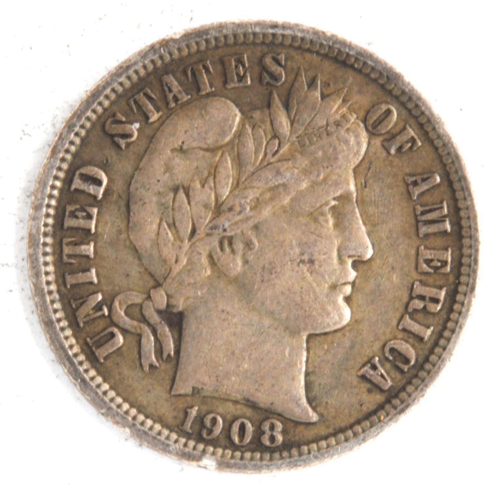 United States 1908 Barber Head Dime 10C 90% Silver Philadelphia Mint Coin