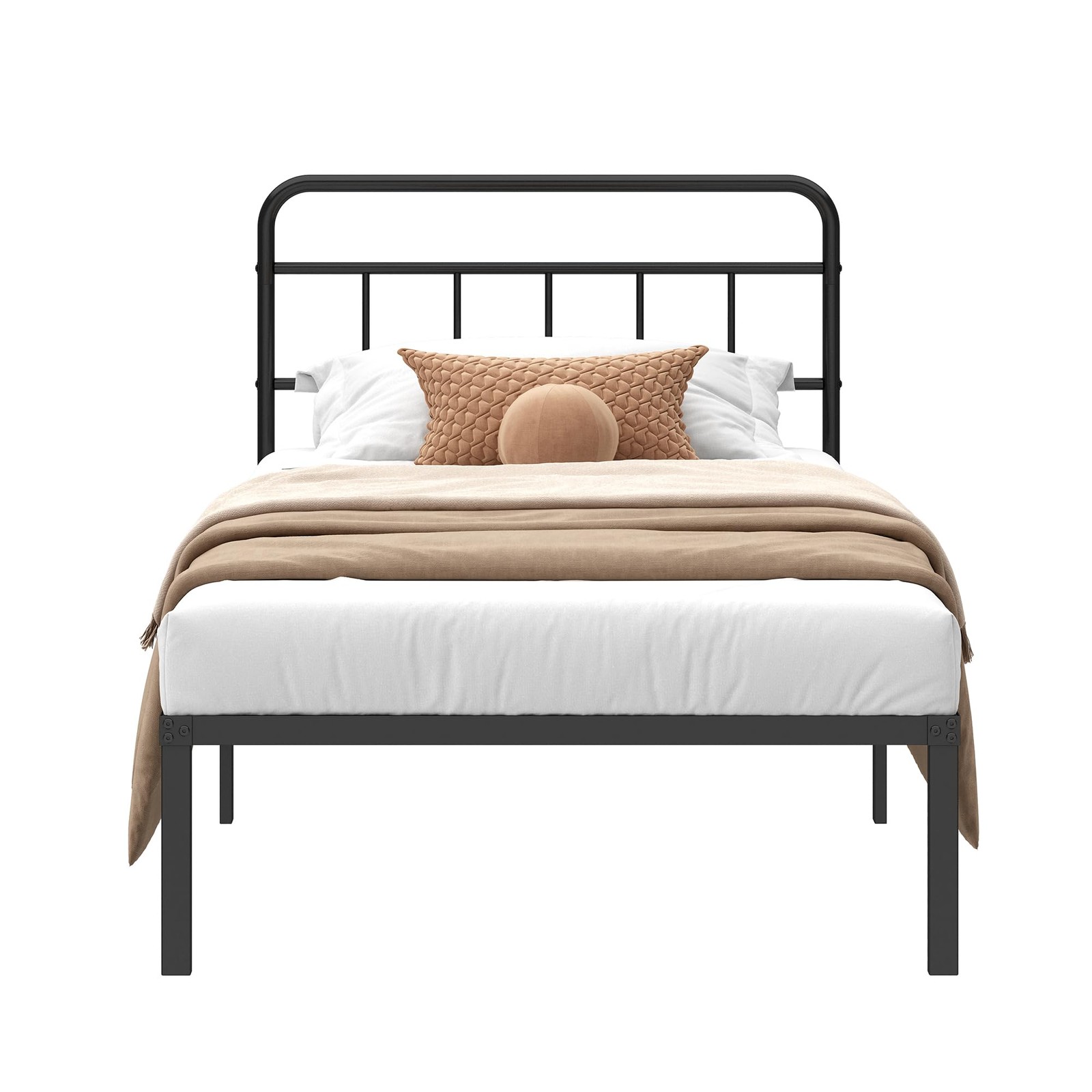 Twin Size Metal Bed Frame with Headboard, Platform Base, Black