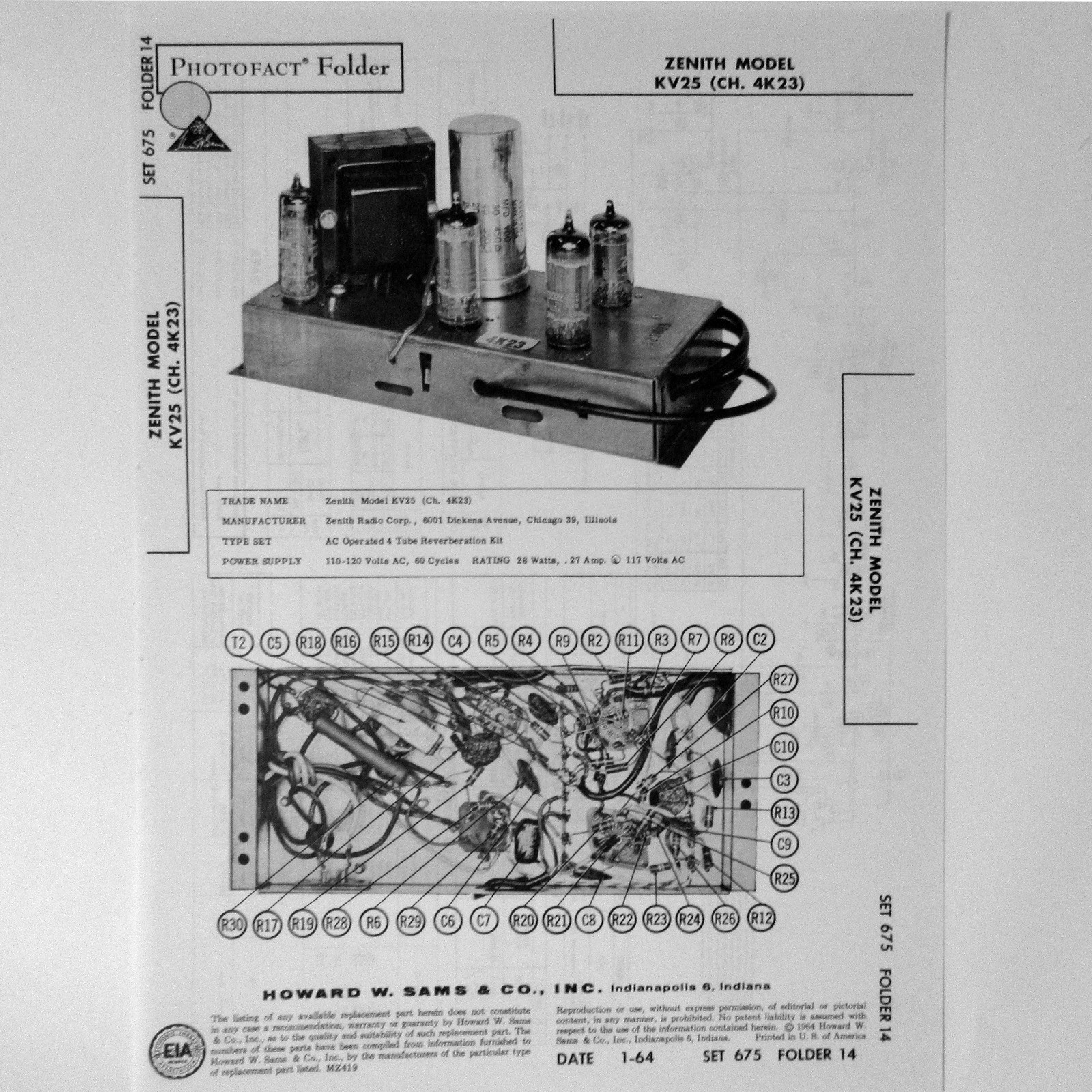 Zenith Model KV25 A-C 4 Tube Reverberation Unit SAMS Photofact ™ 1964 - New