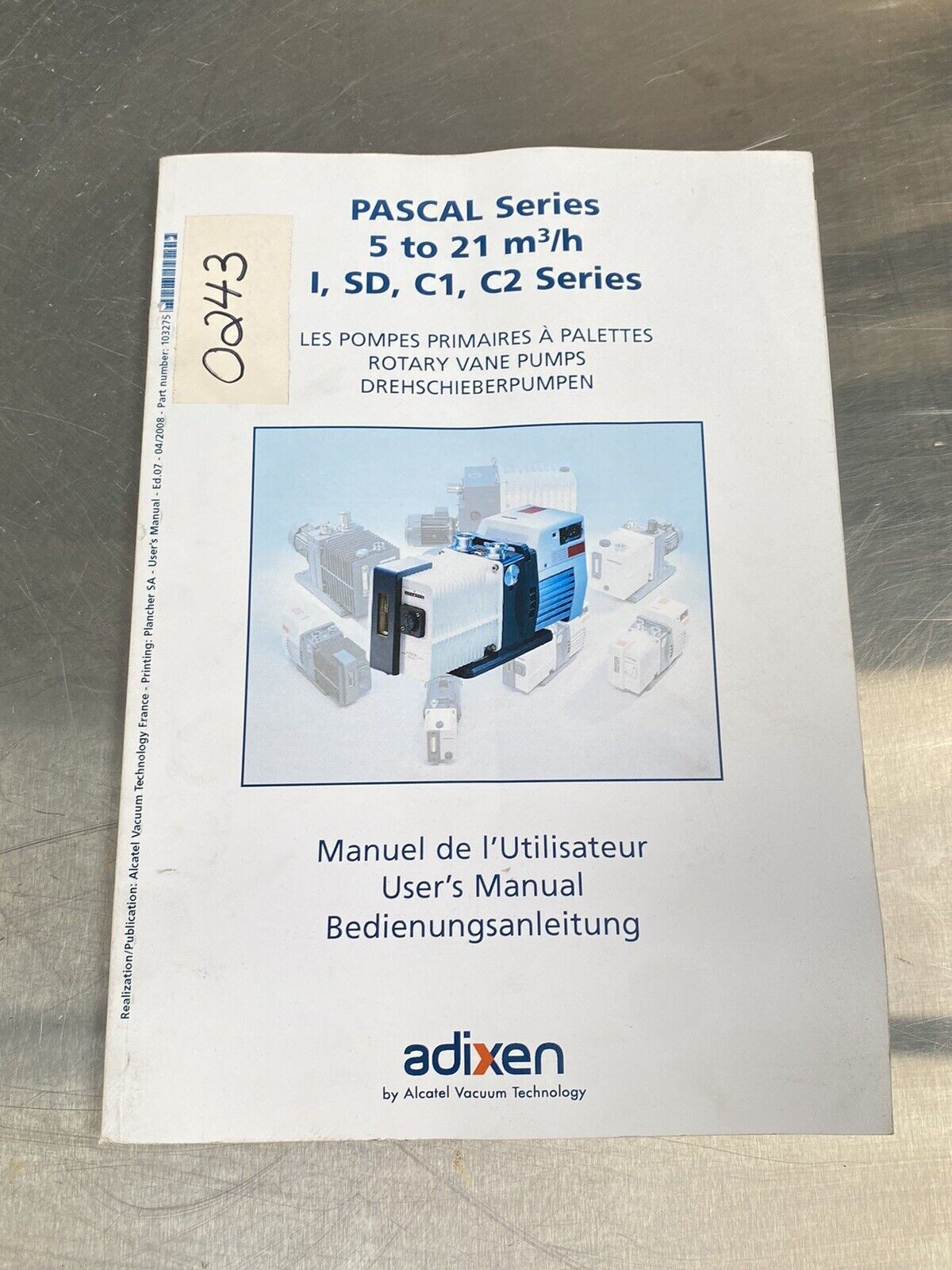 Adixen Pascal Series 5 To 21 M3/h Rotary Vane Pumps - Users Manual / Guide