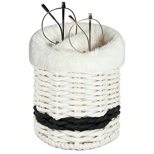Glasses Holder for Nightstand,2 in 1 Plush Lined Paper Rope White/Black