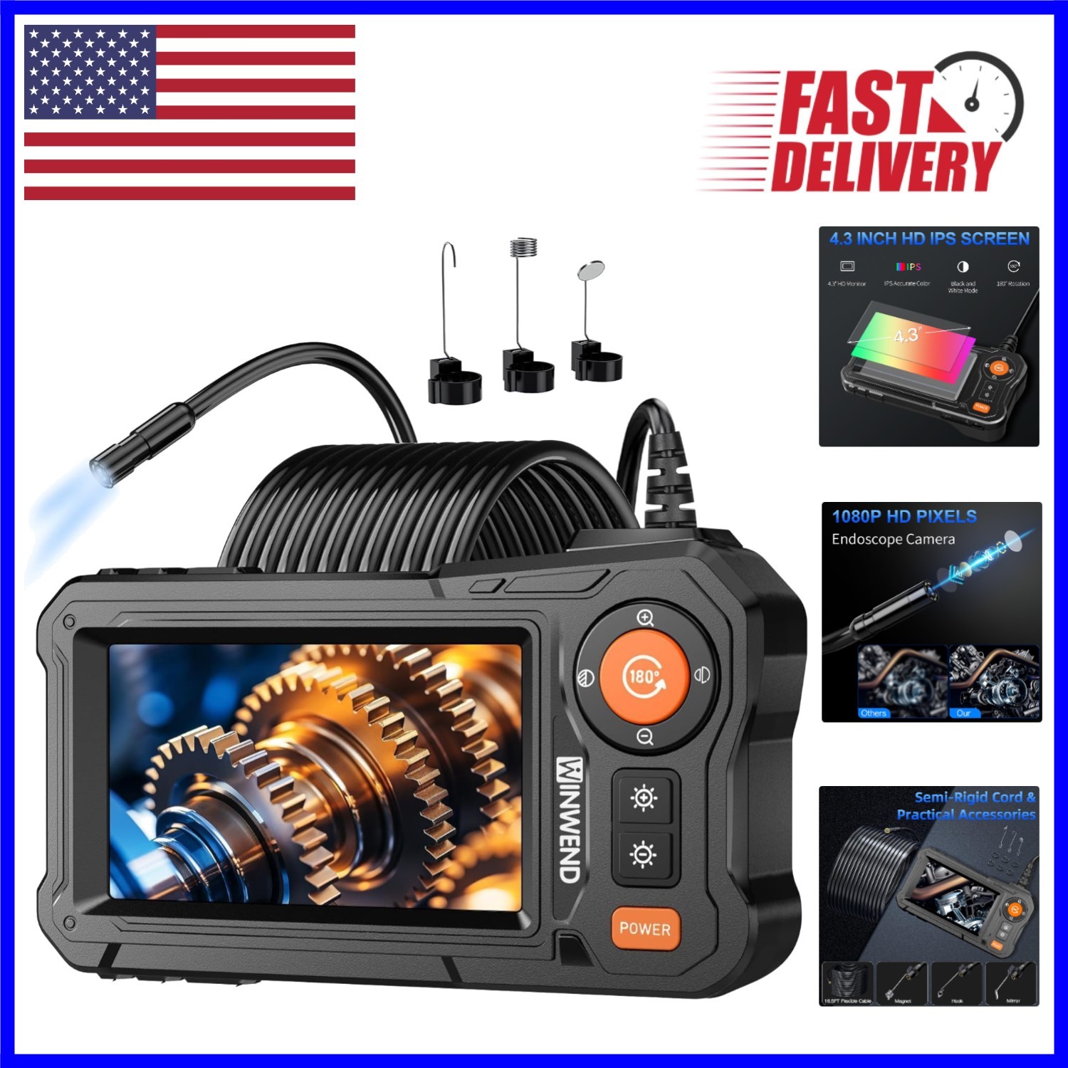 4.3" LCD Endoscope with 8 LED Lights - Ideal for Automotive & Home Inspections