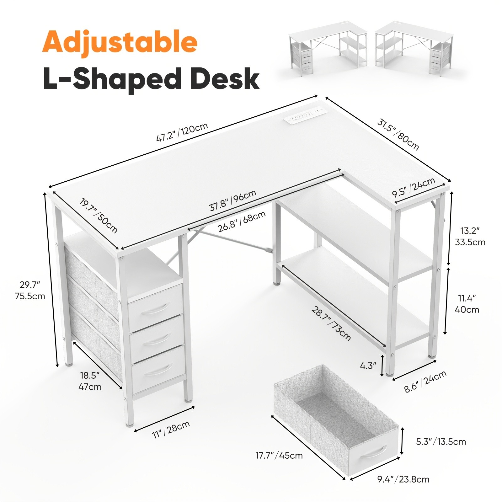 47 Inch L Shaped Gaming Desk With 3 Drawers
