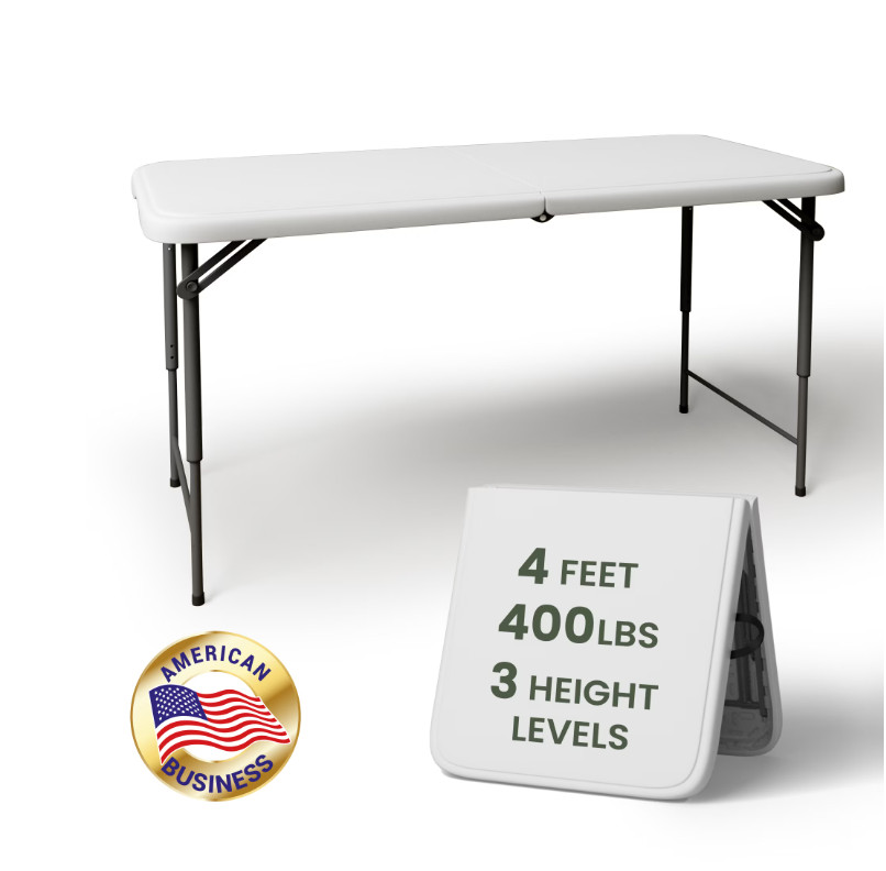 T-SKR 4ft Folding Table, 3-Position Adjustable Height, 400lb Heavy Duty, Portabl