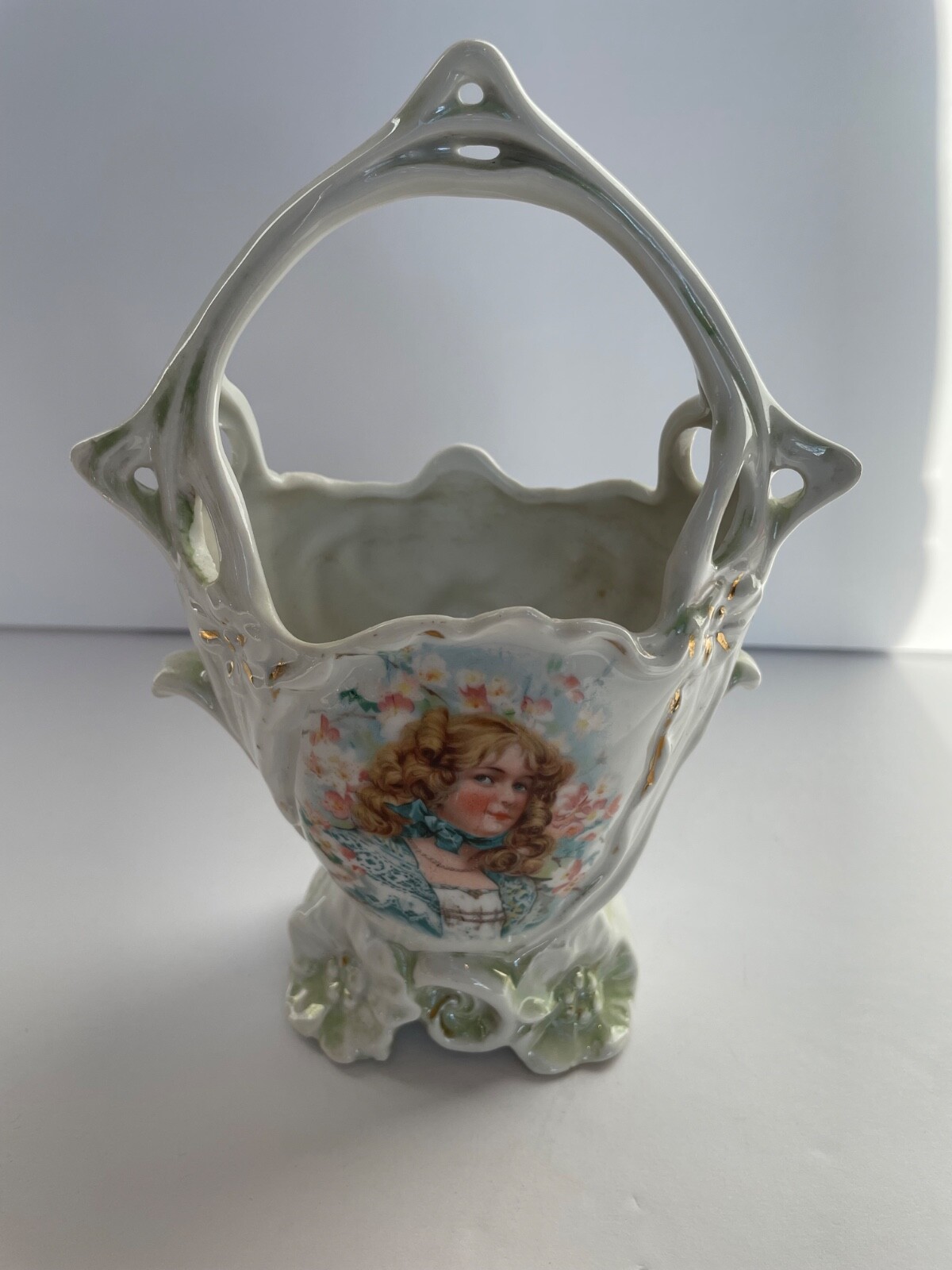 German Porcelain Basket with Pretty Young Girl / Unsigned