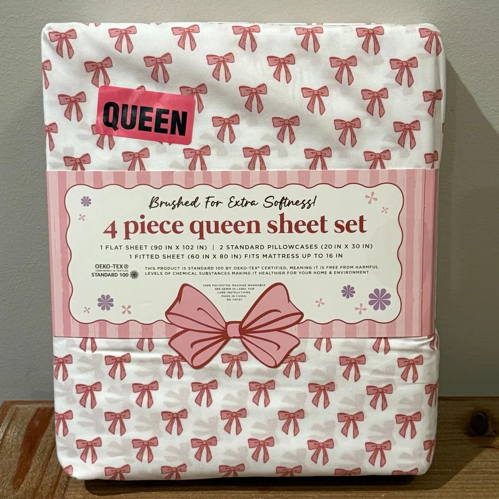 EnVogue Pink Bow Coquette Brushed for Extra Softness - 4pc - Queen Sheet Set