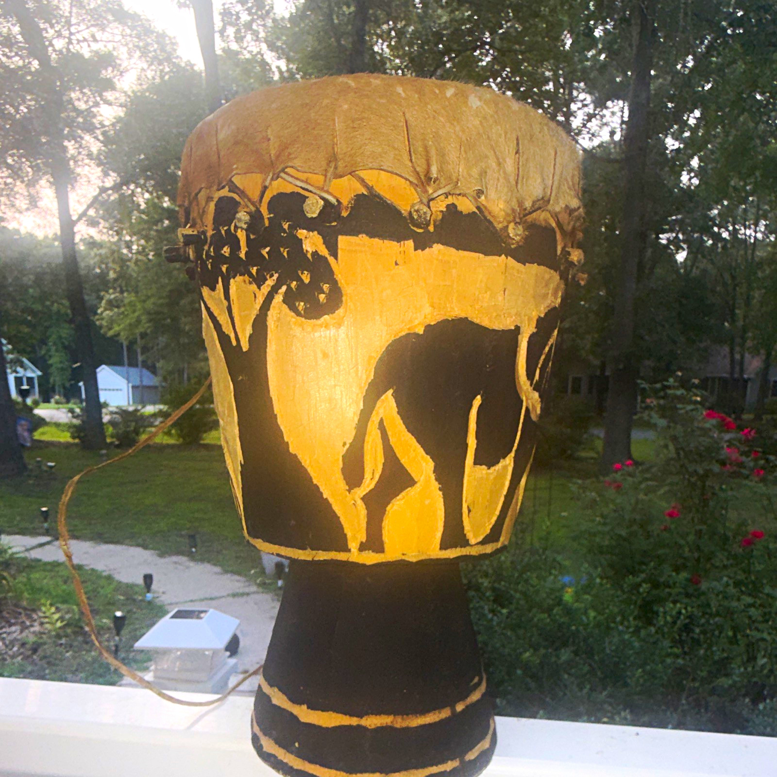 authentic  Painted Wood Djembe Drum Rope-Tuned Skin Head African Elephant Design