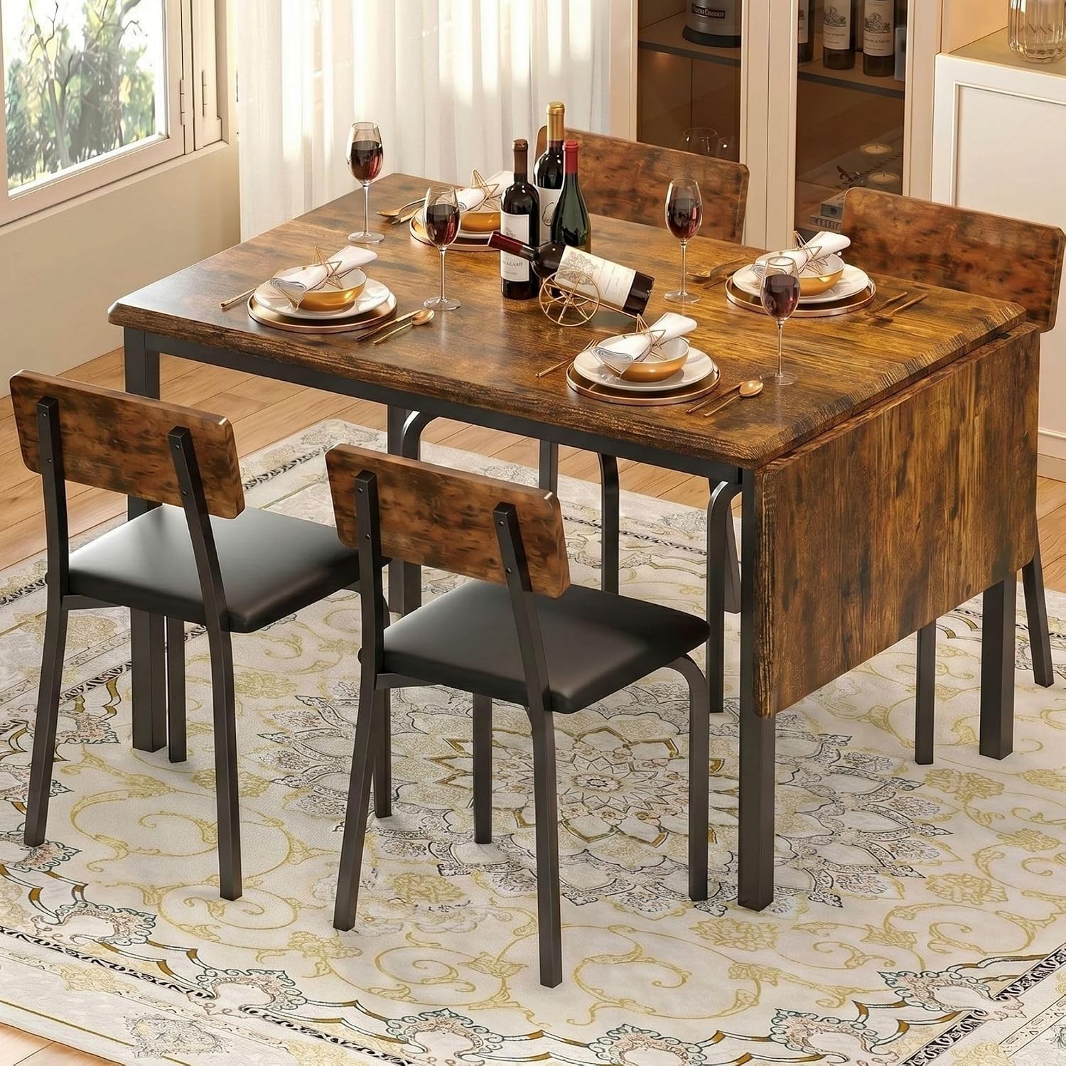 5-Piece 63" Extendable Dining Table W/ 4 Upholstered Chairs Kitchen Table Set