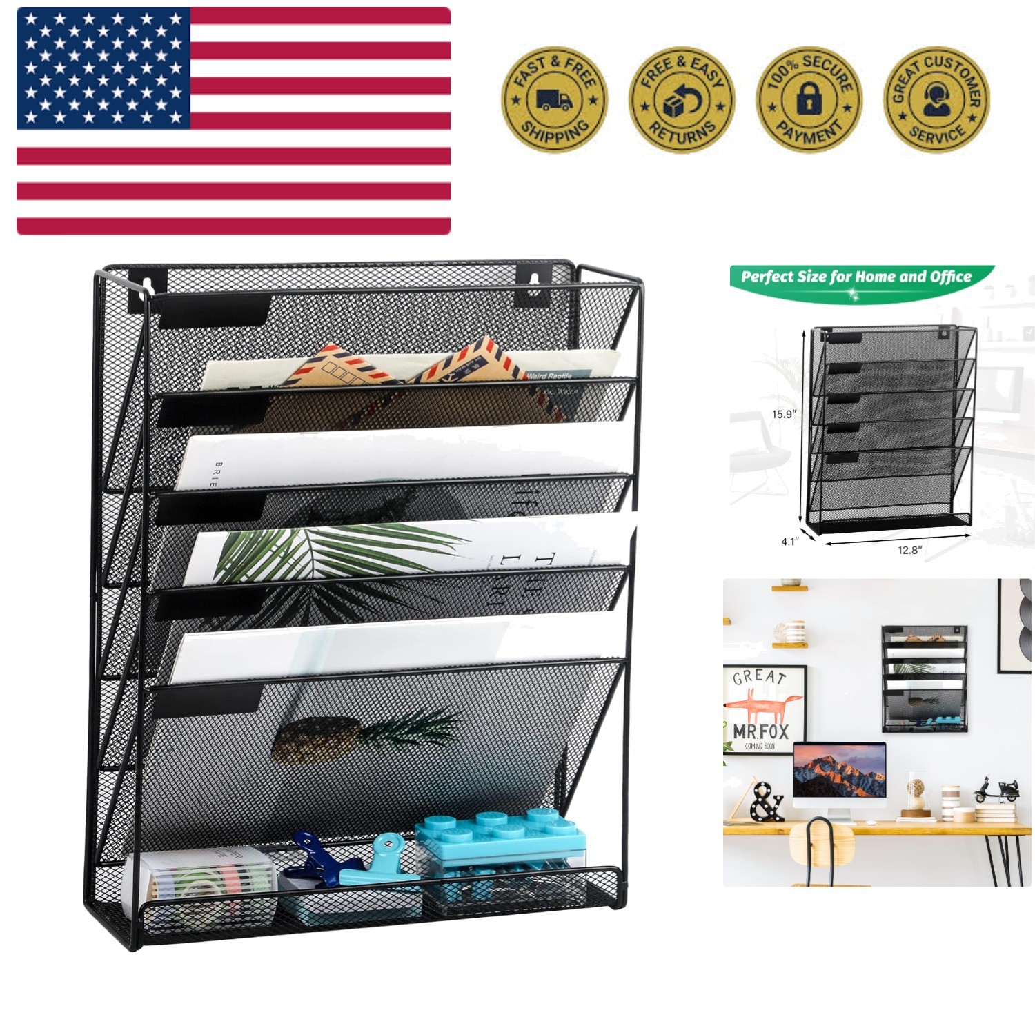 Desk File Organizer Mesh 6-Tier, Hanging Wall Mount Document Organization Sta...