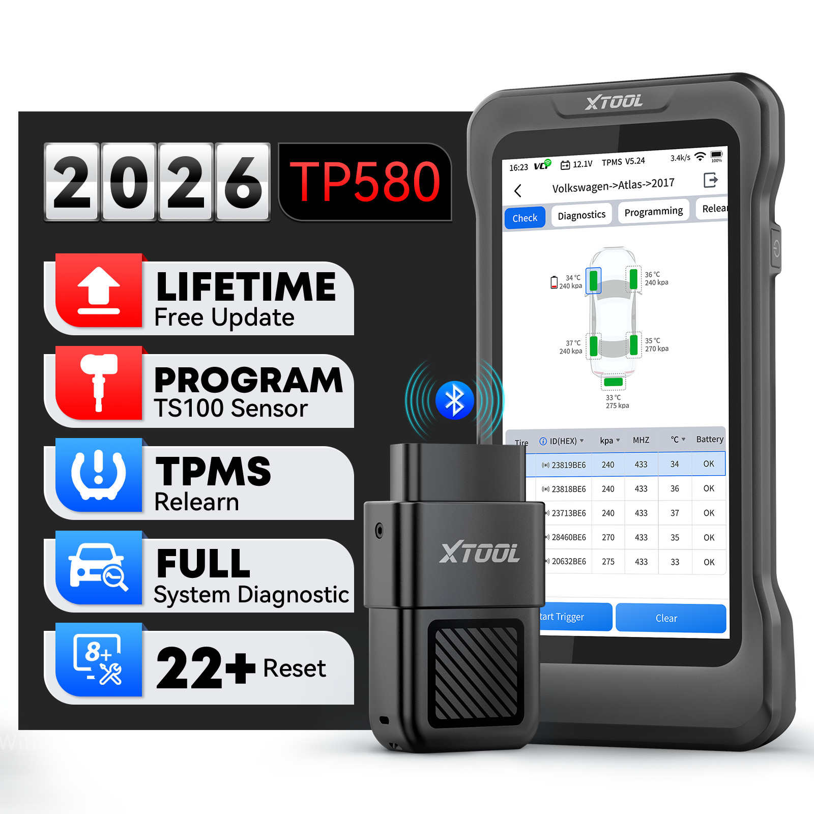 2026 XTOOL TP580 Auto Diagnostic Scanner TPMS Relearn TS100 PRO Programming Tool