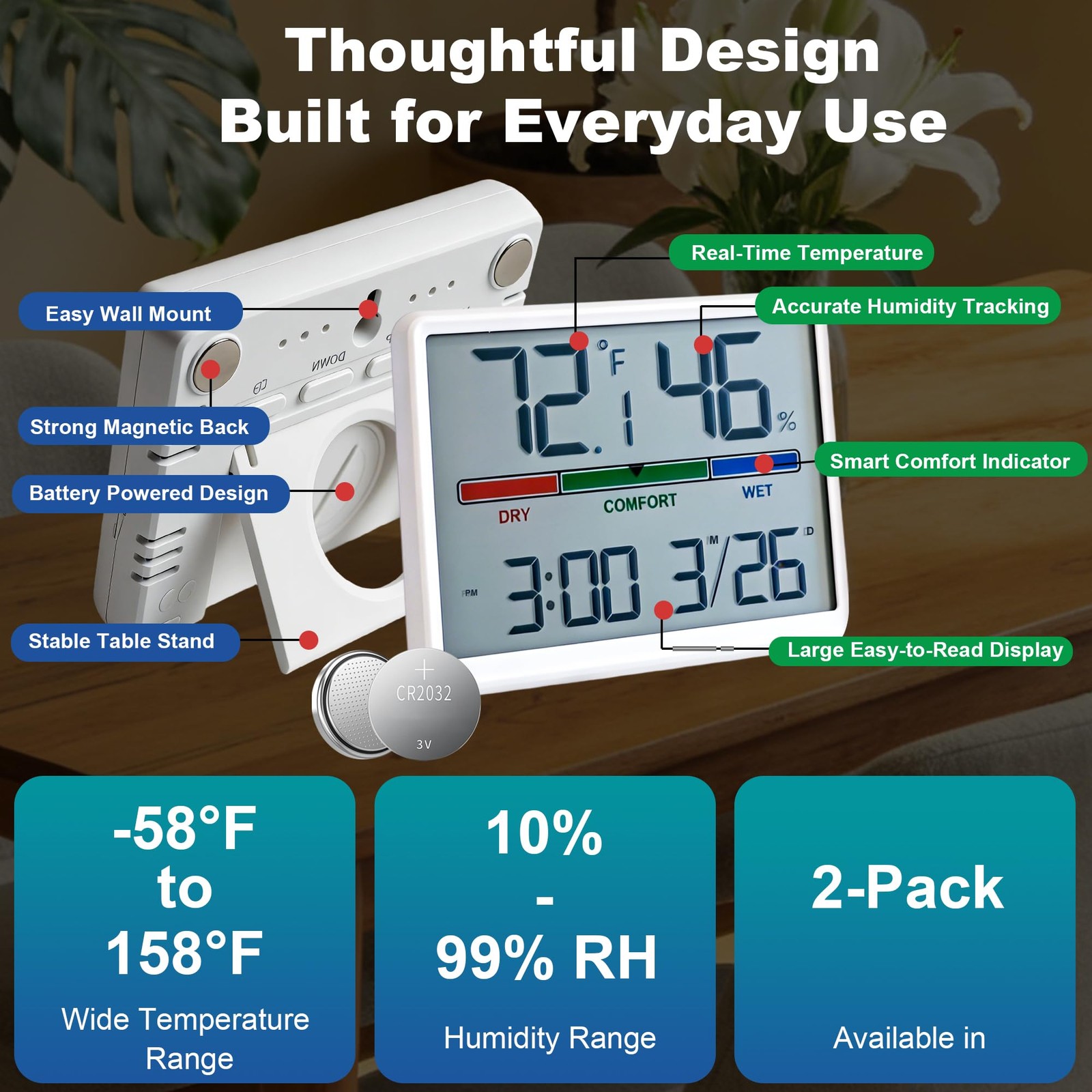 Digital Hygrometer Thermometer Clock Temp Humidity Gauge White
