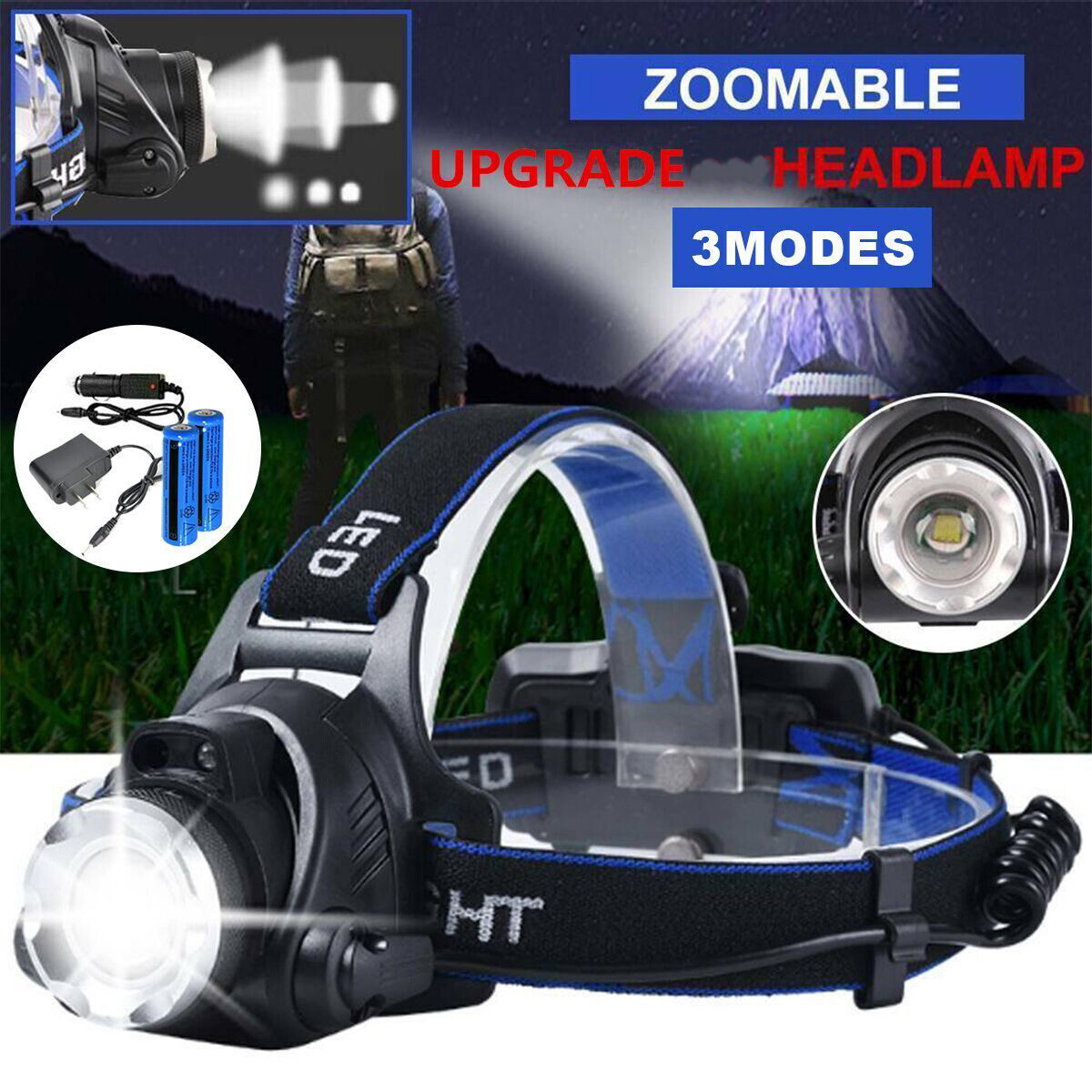 Powerful 12000000LM LED Rechargeable Headlight Zoomable Headlamp Head Torch US