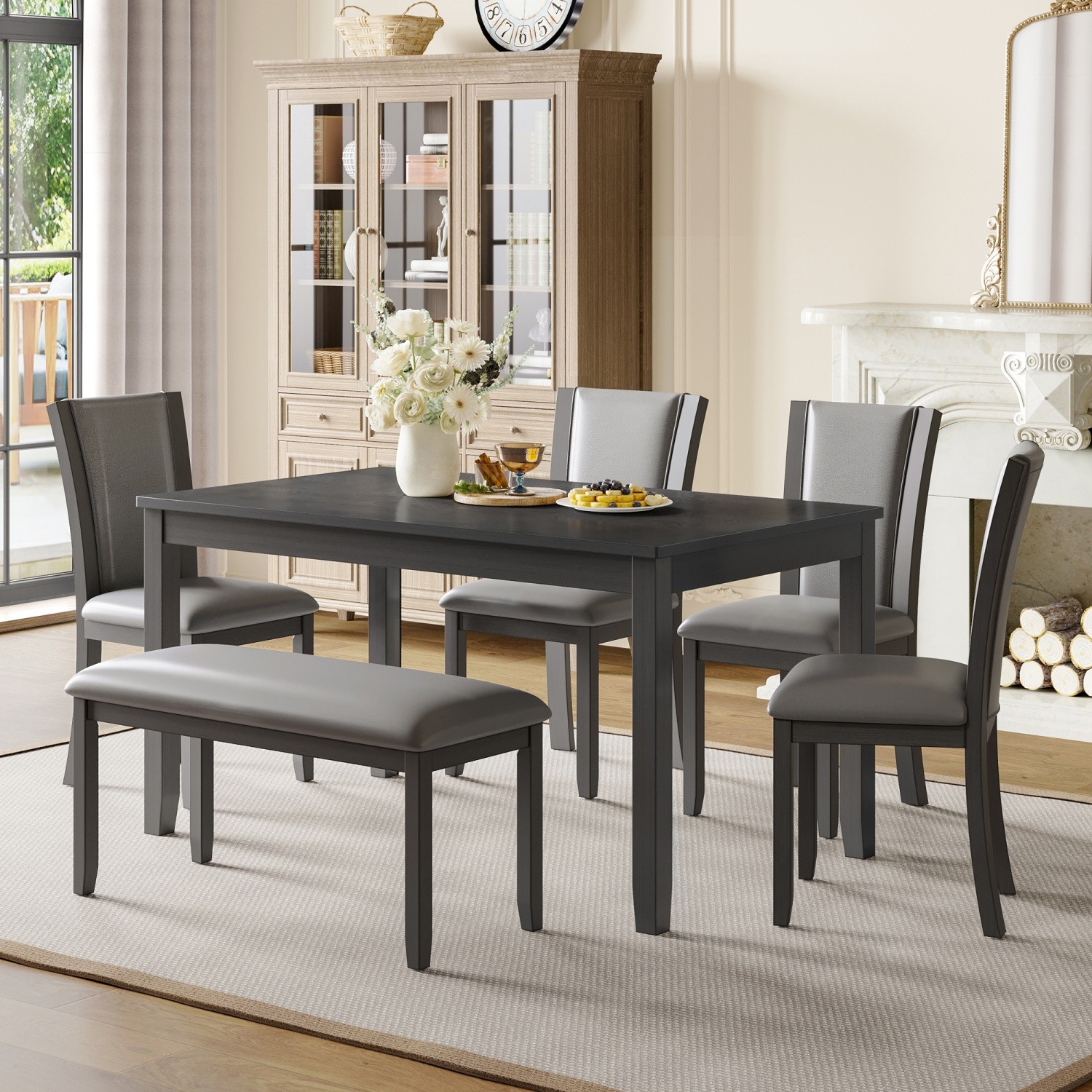 6 Piece Dining Table Set Wooden Dining Table w/ 4 PU Upholstered Chairs & Bench