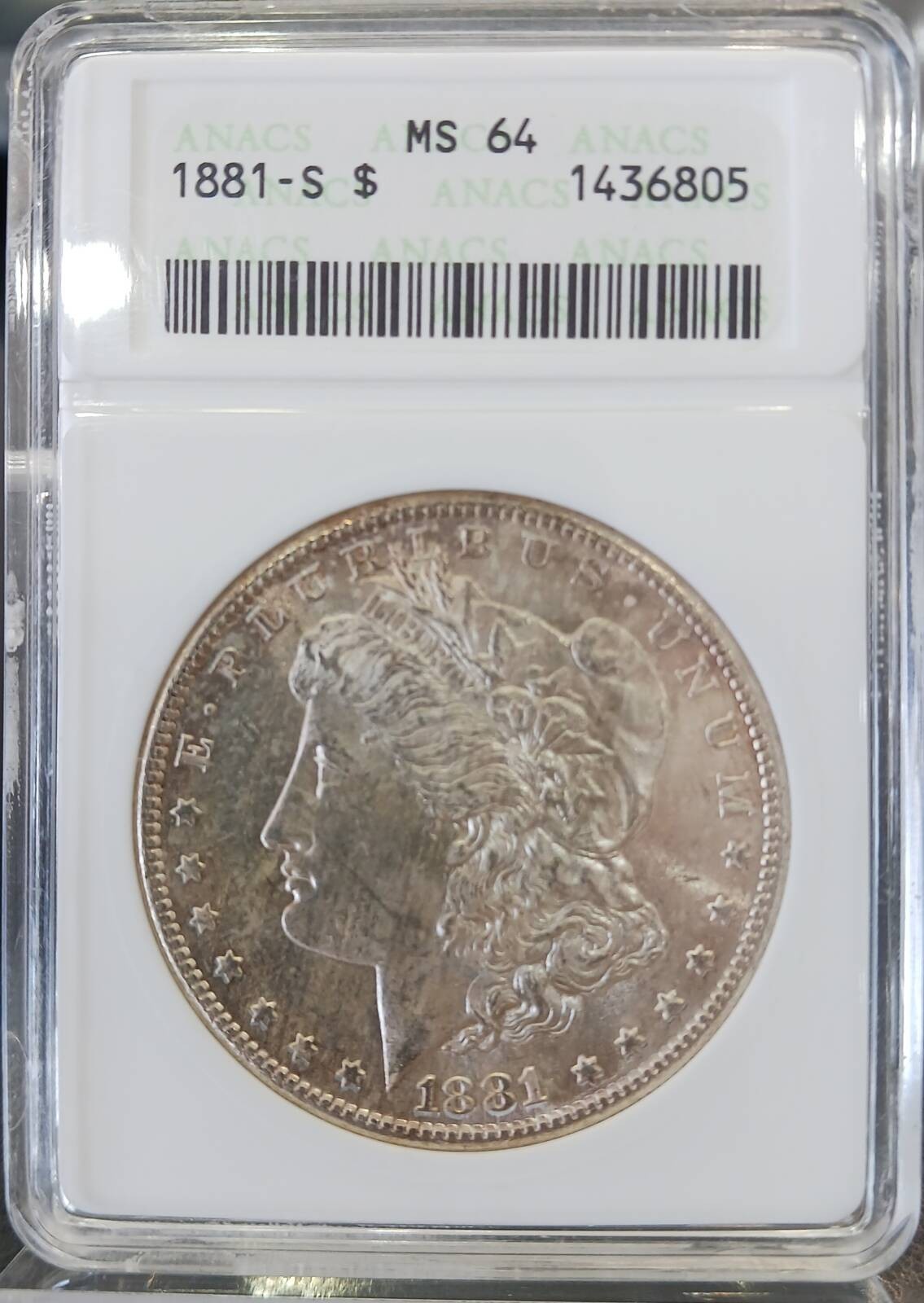 1881 S Morgan Silver Dollar ANACS MS-64 SoapBox Holder