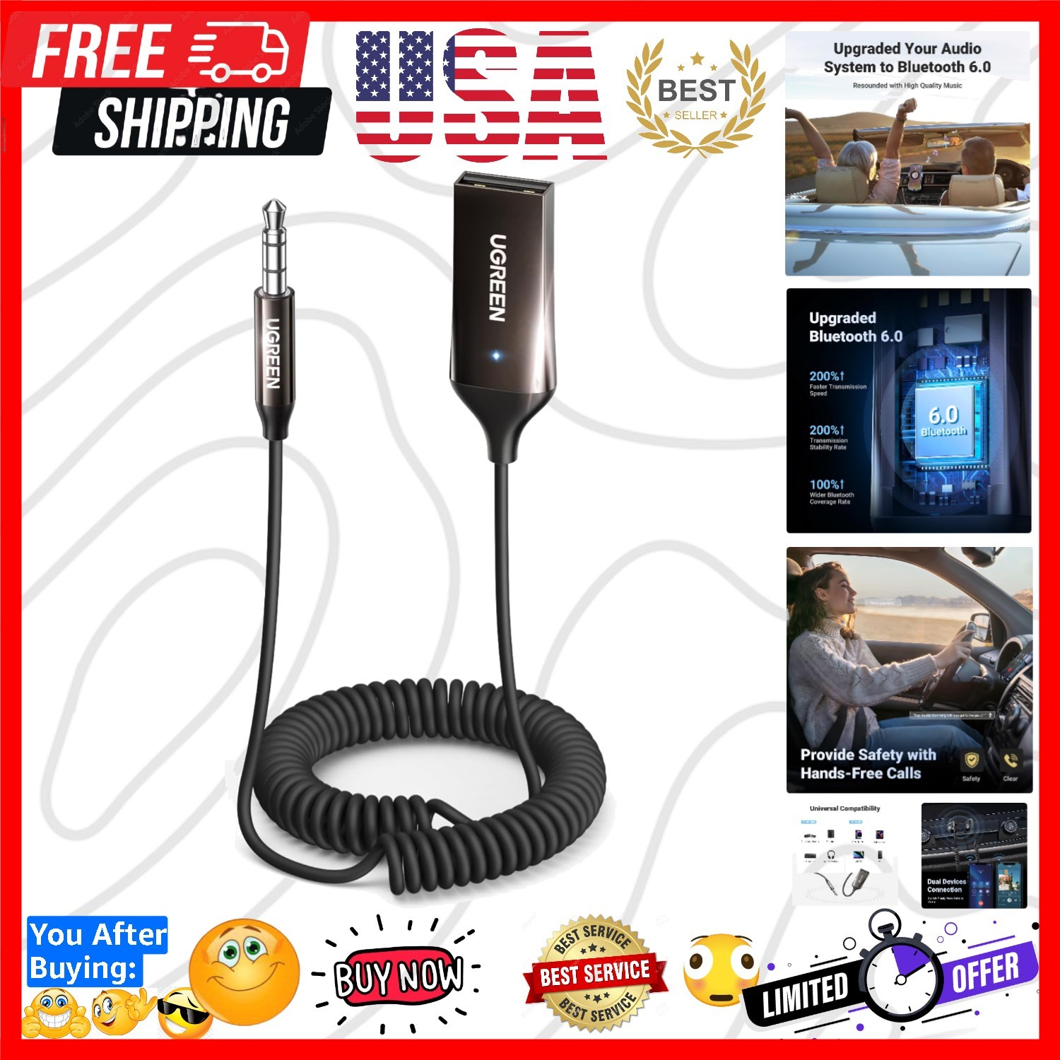 Aux to Bluetooth 6.0 Adapter 3.5mm Bluetooth Receiver for Car USB 2.0 to 3.5m...
