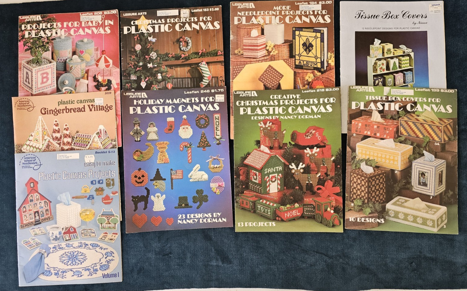 Lot of (9) Vintage Plastic Canvas Project Books School Baby Tissue Holidays Etc