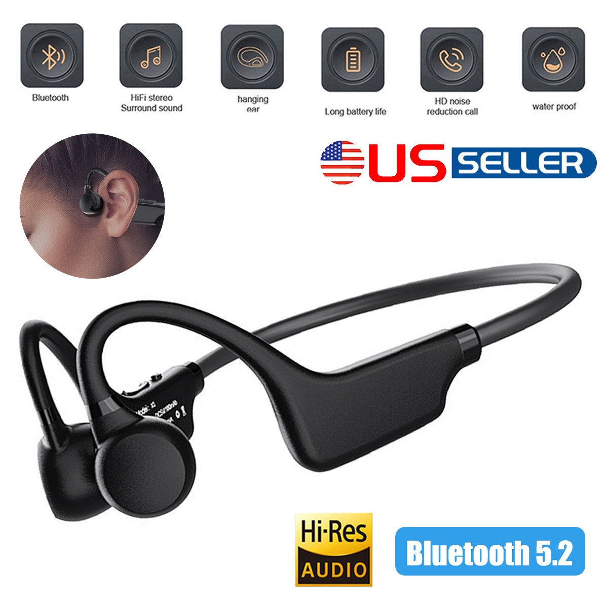 Bone Conduction Bluetooth5.2 Headphones Open Ear Sports MP3 Mode 8Hr Play Stereo