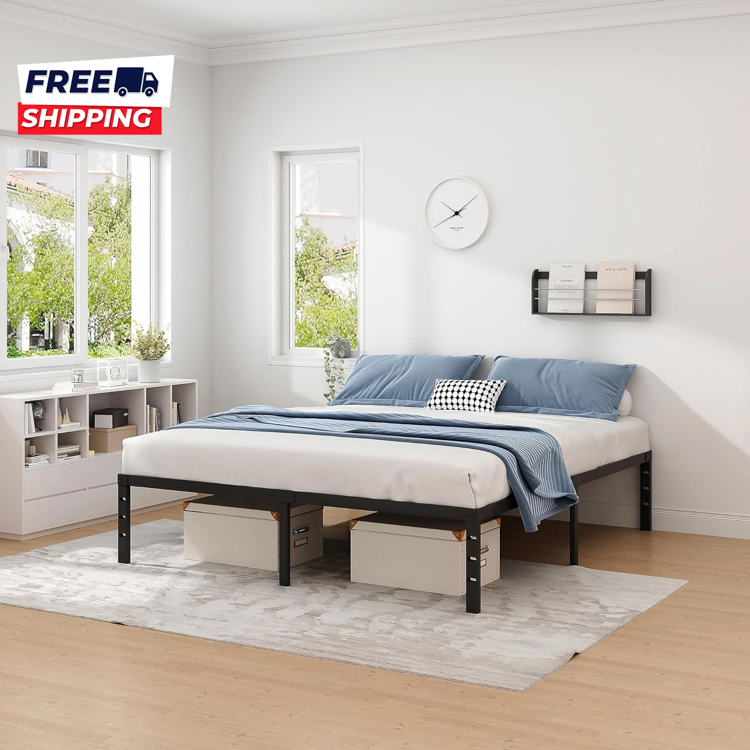 Metal Bed Frame Queen Size Bed Frame with Storage Space Heavy Duty Sturdy