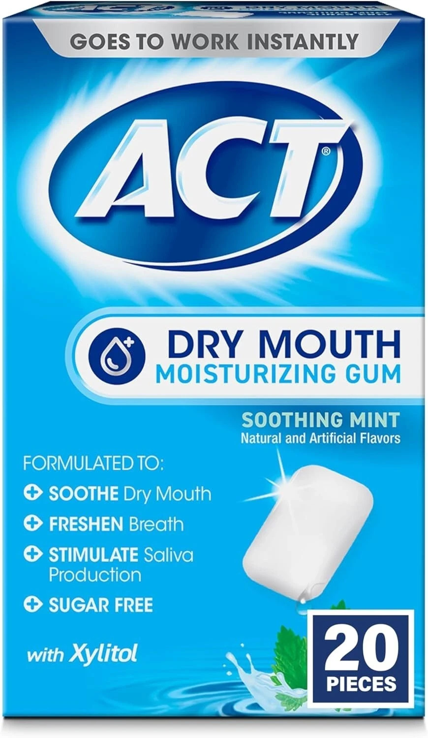 ACT Dry Mouth Moisturizing Gum 20 Pieces, W/Xylitol, Sugar Free Soothing Mint