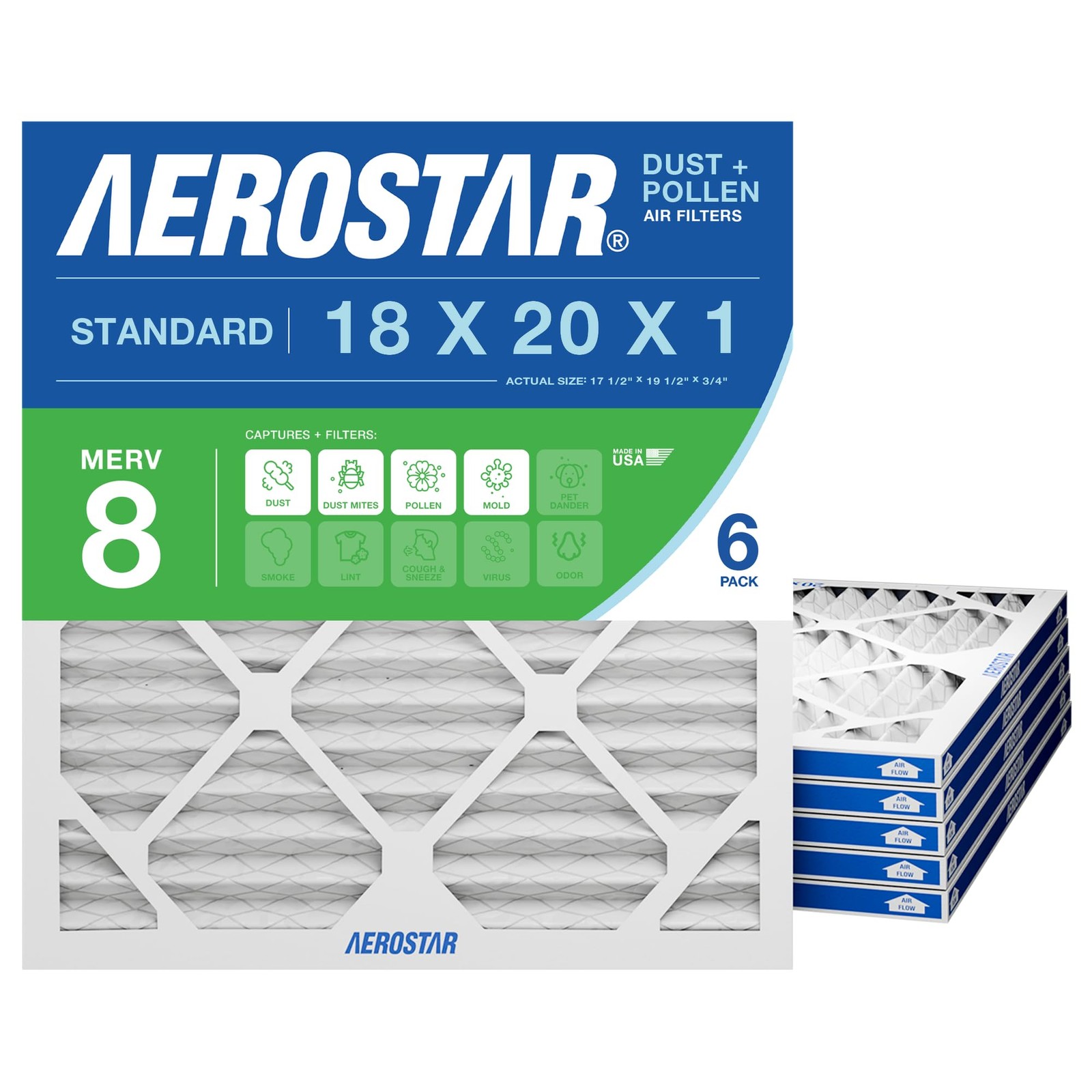 18x20x1 MERV 8 Air Filter, 6 Count, ACTUAL SIZE (17.50 x 19.50 x 0.75), HVAC,...