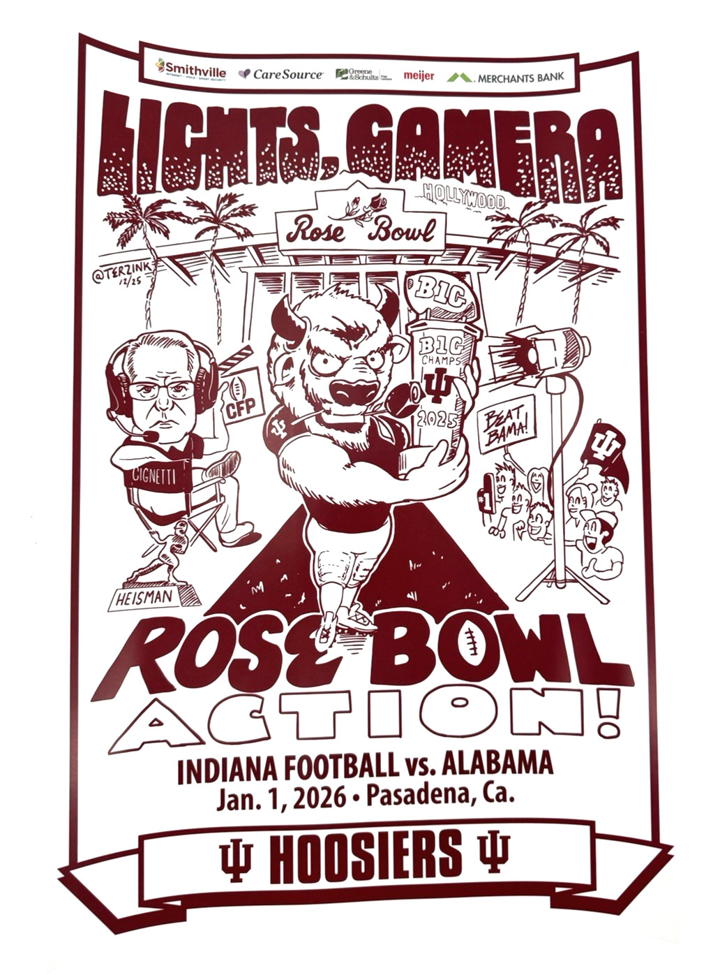 2025 Indiana University Hoosiers Football Poster Rose Bowl Alabama IU Mendoza