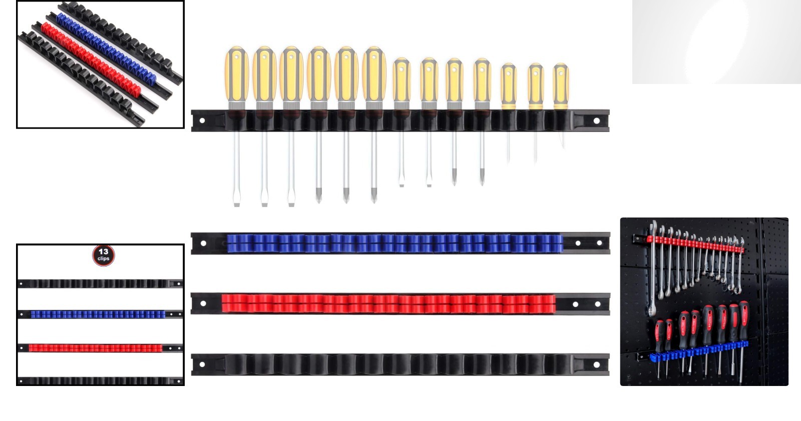 Durable Wall-Mount Screwdriver and Wrench Organizer Set with Color-Coded Clips