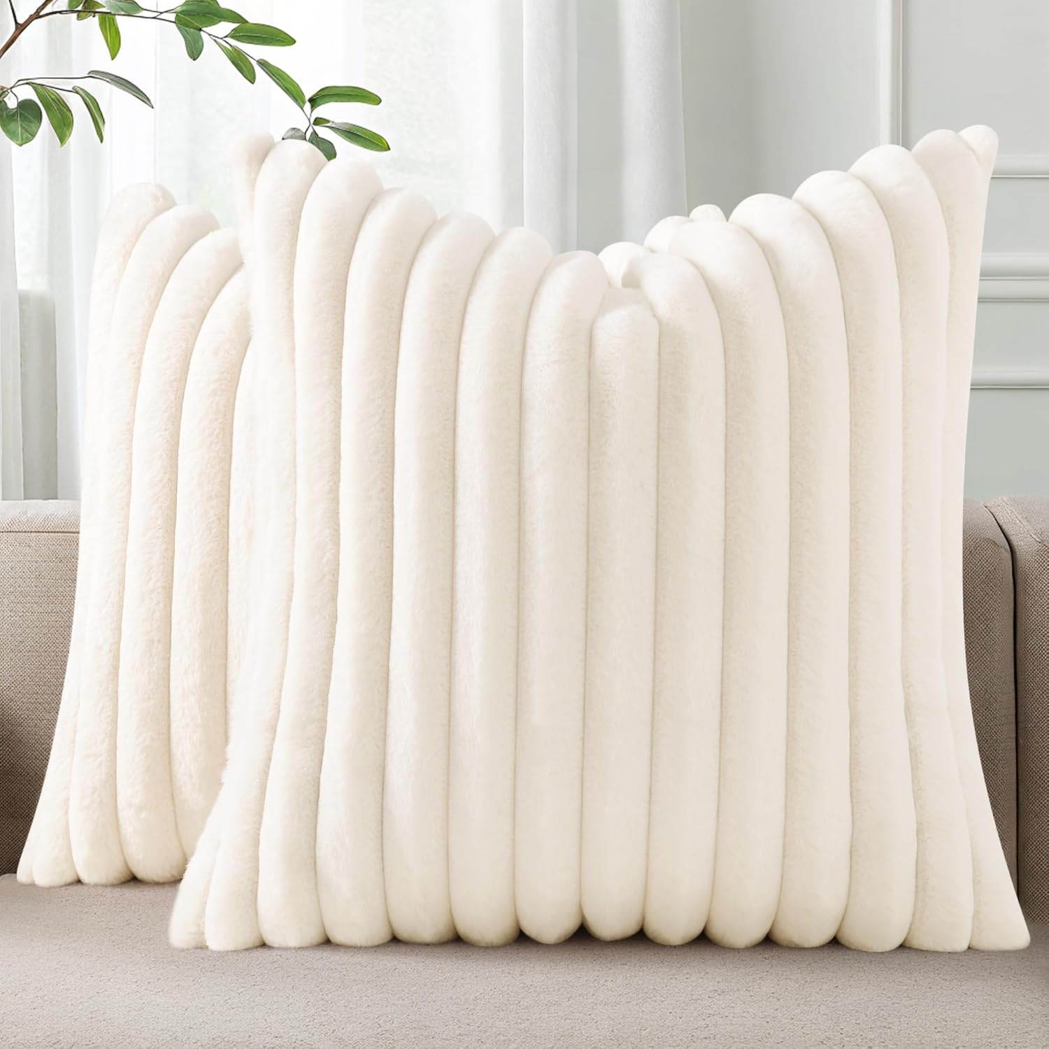 Faux Fur Plush Throw Pillow Covers 18X18 Set of 2, Luxury Soft Fluffy Striped De