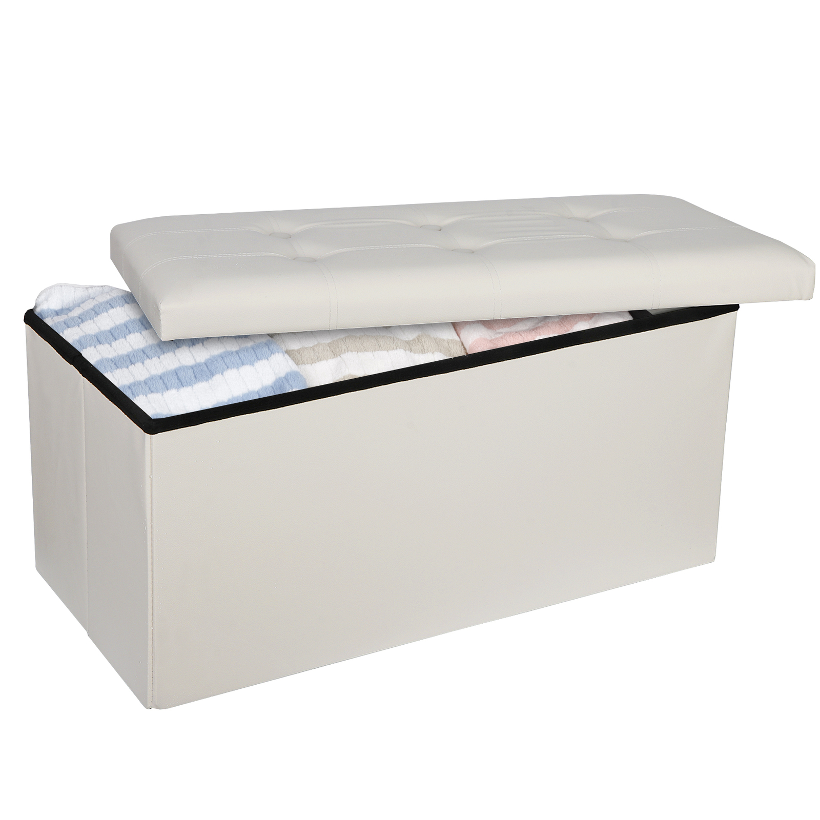 Durable 30" Ottoman Storage Bench Chest Folding Footstool W/Removable Lid Beige