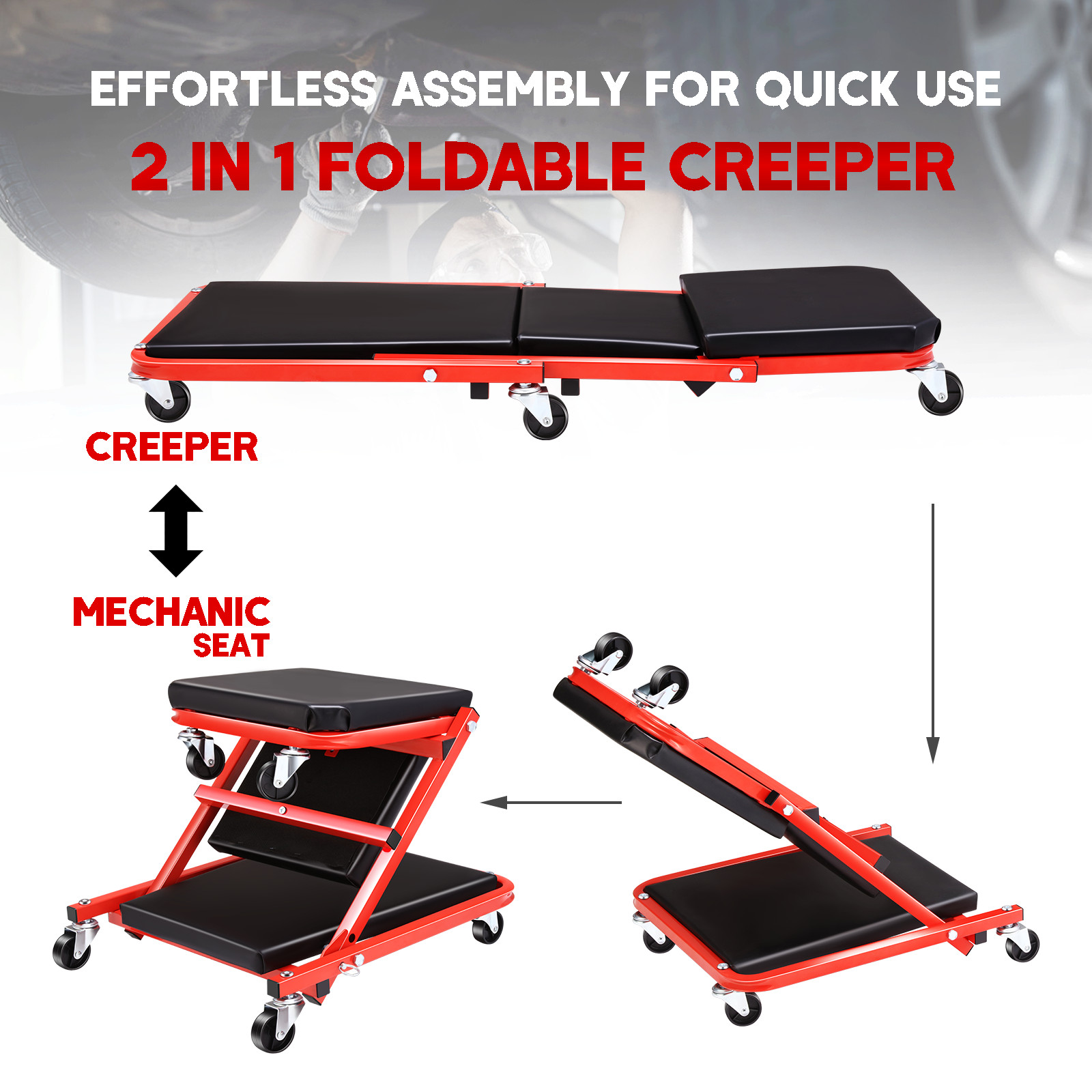 40"36" 2 in 1 Z-Creeper Seat Automotive Mechanic Rolling Creeper for Garage Shop