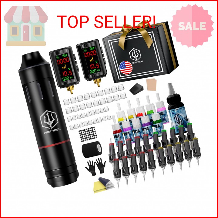 POSEIDON Cordless Tattoo Pen Kit with 2×1600mAh Batteries & Complete Starter Set