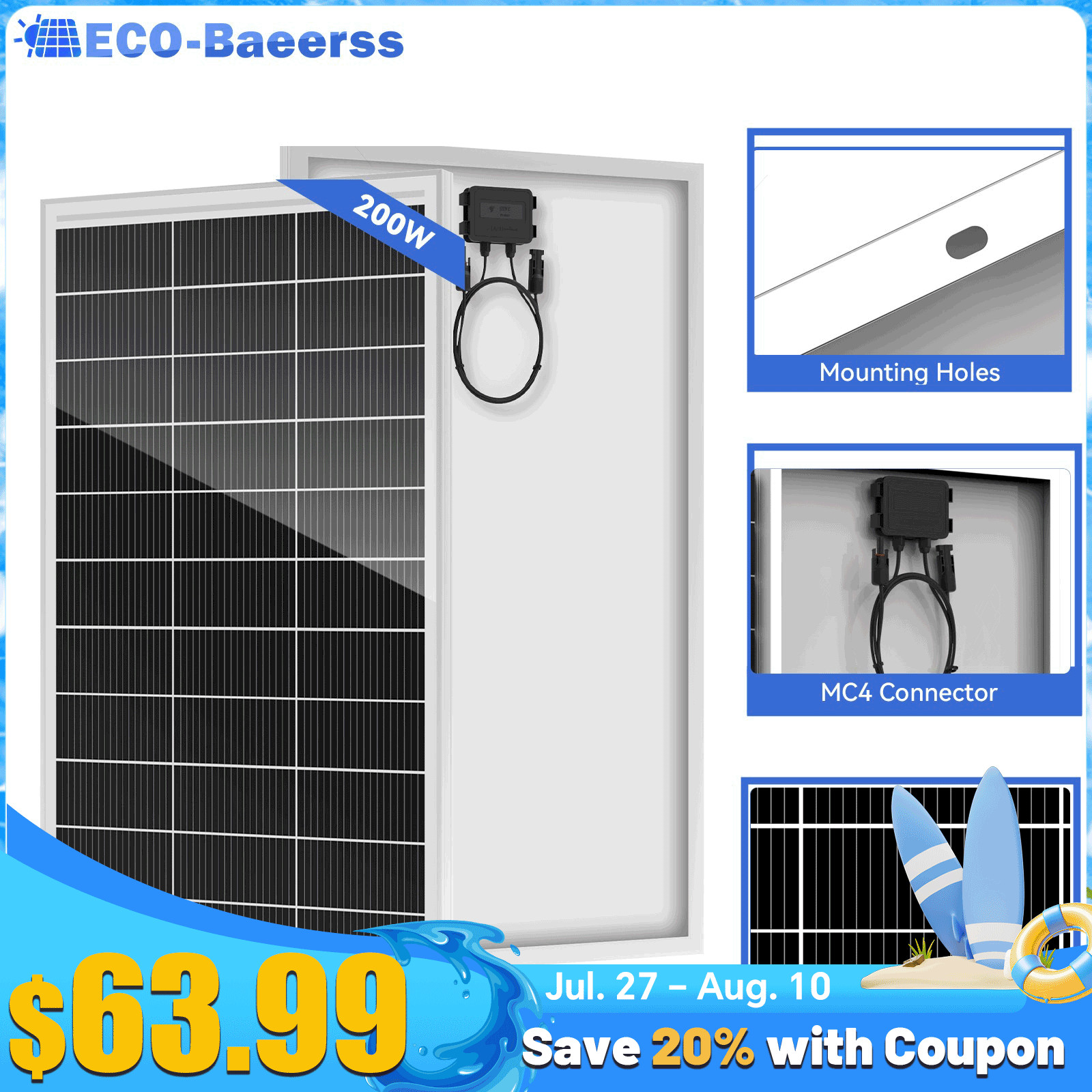200W Solar Panel 18BB N-Type Battery Charger RV Car Boat Home Off-Grid Rooftop