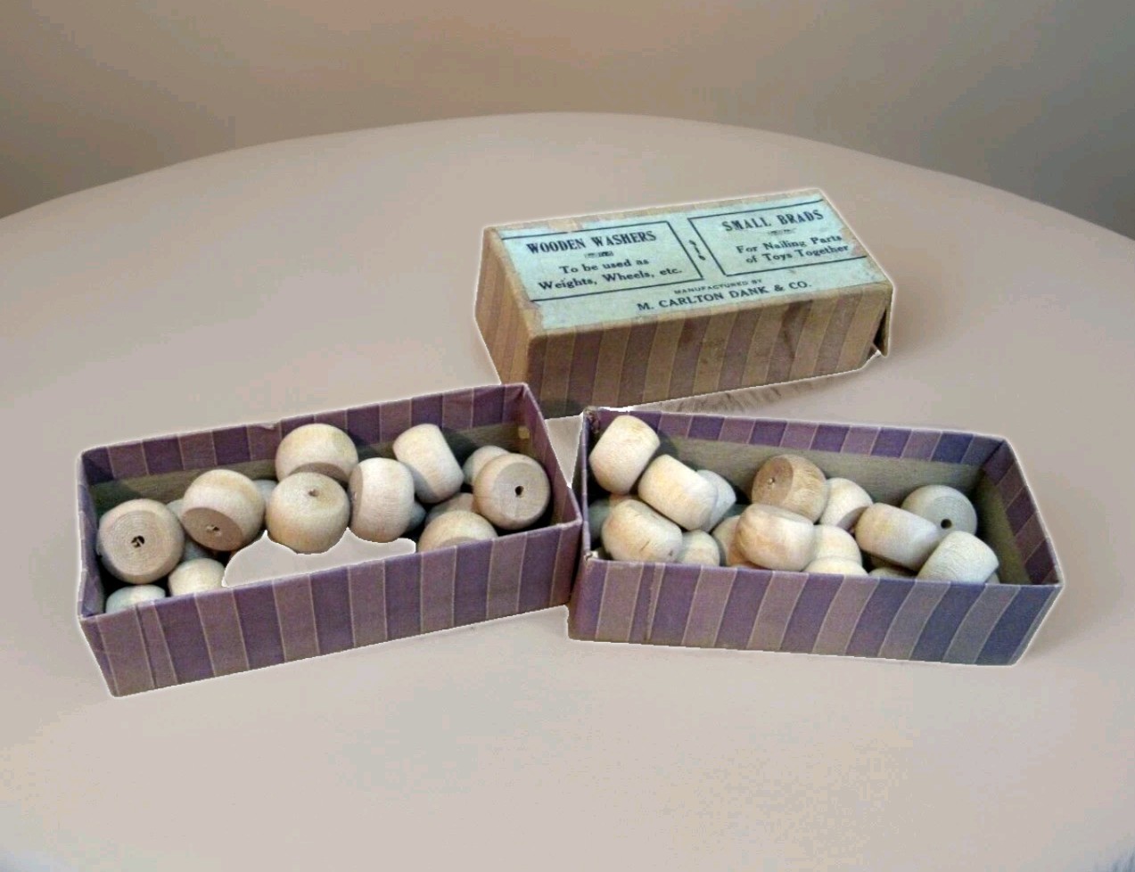 Wood Washers CRAFTS M. Carlton Dank Co 2 Boxes Wood Wheels Hardware  #xw