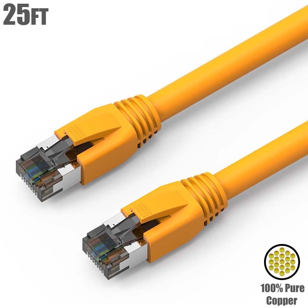 25FT Cat8 RJ45 Network LAN Ethernet S/FTP Cable Gold 2GHz 40G Copper Wire Yellow