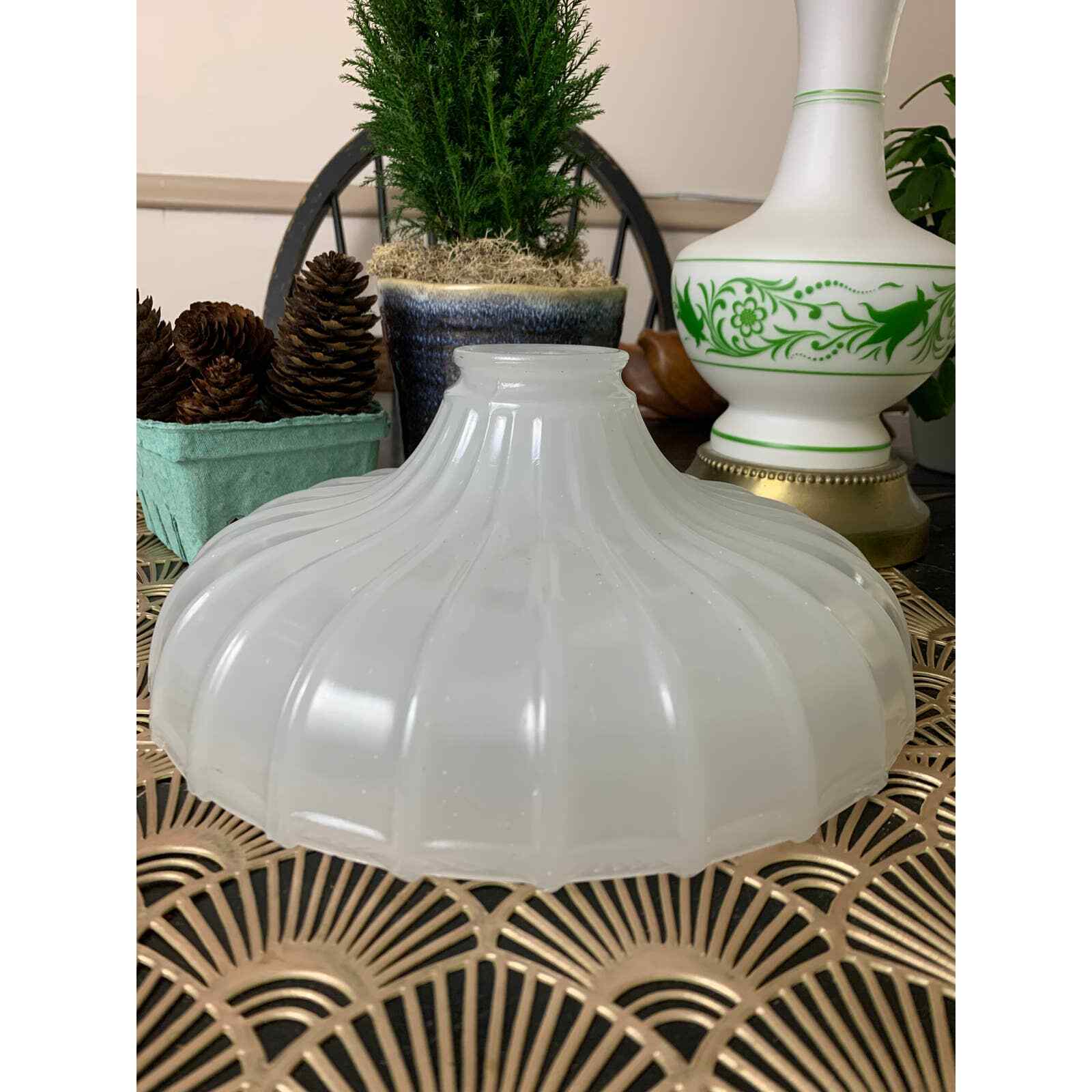 Antique opalescent milk glass hanging pendant lamp shade ribbed 10"