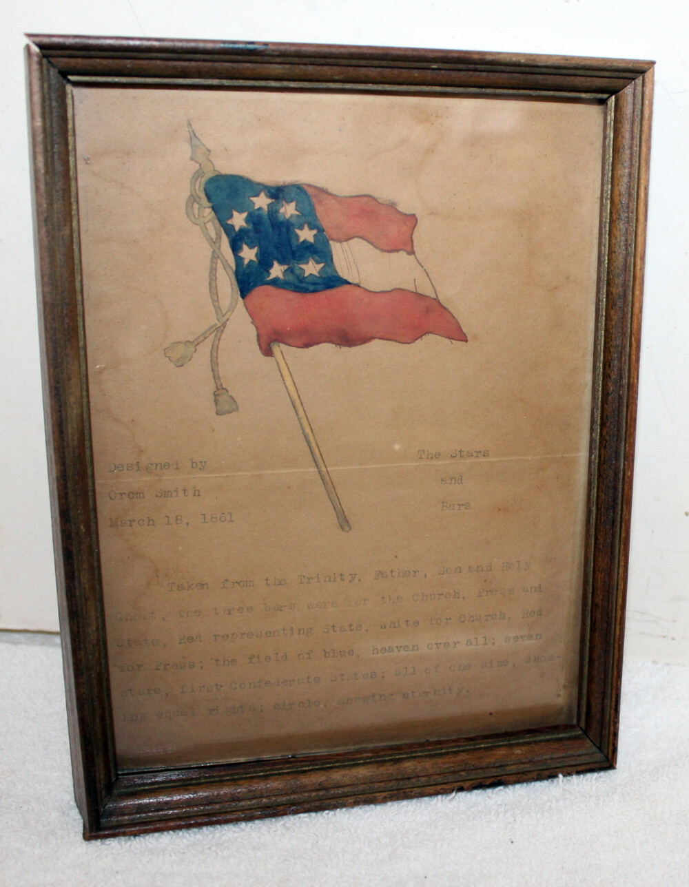 The Stars & Bars 1861 Confe derate Battle Flag Print ~ Framed 6"W x 8"H