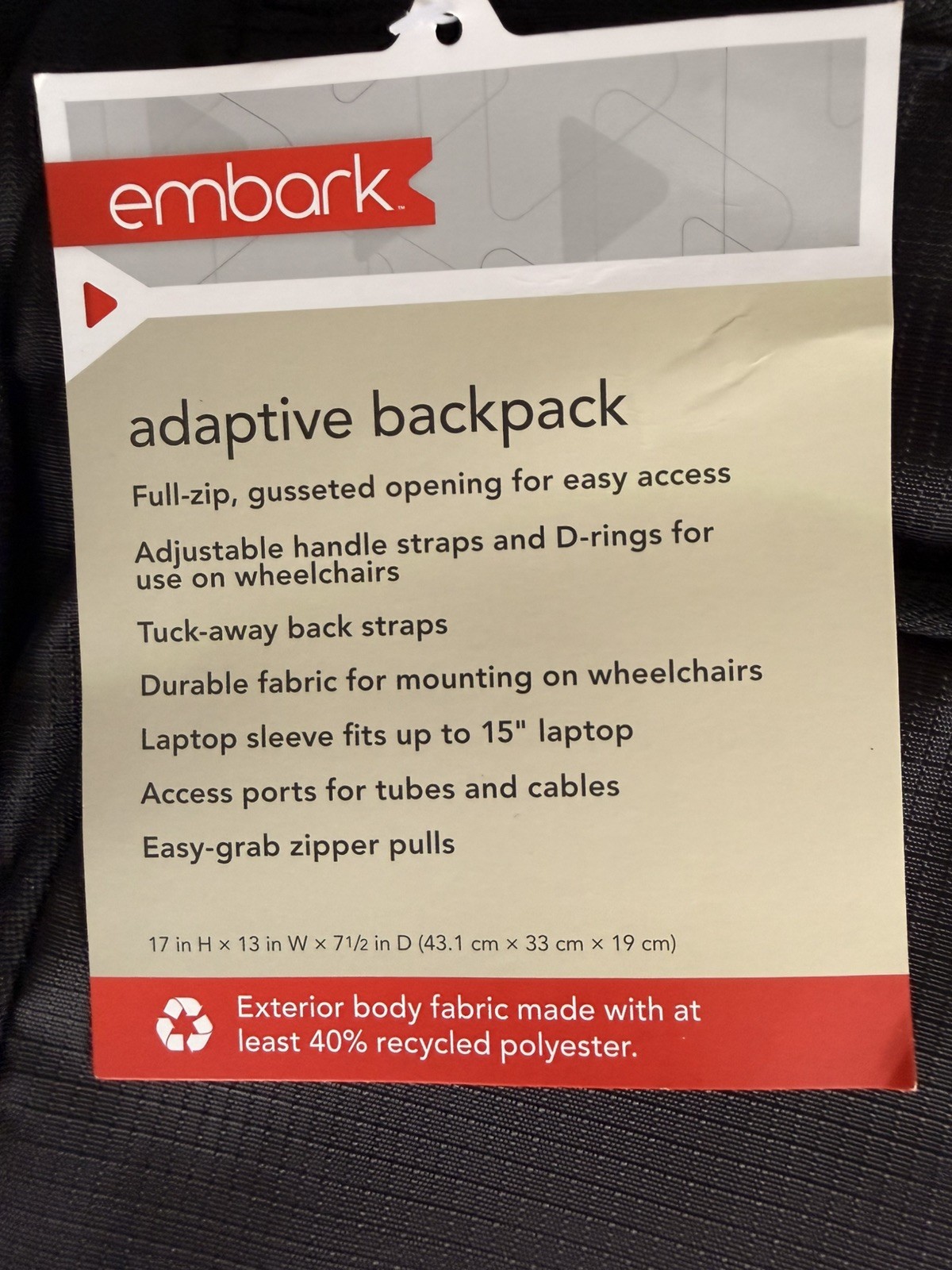 NEW Embark 17" ADAPTIVE BACKPACK Wheelchair/Handicapped accessible