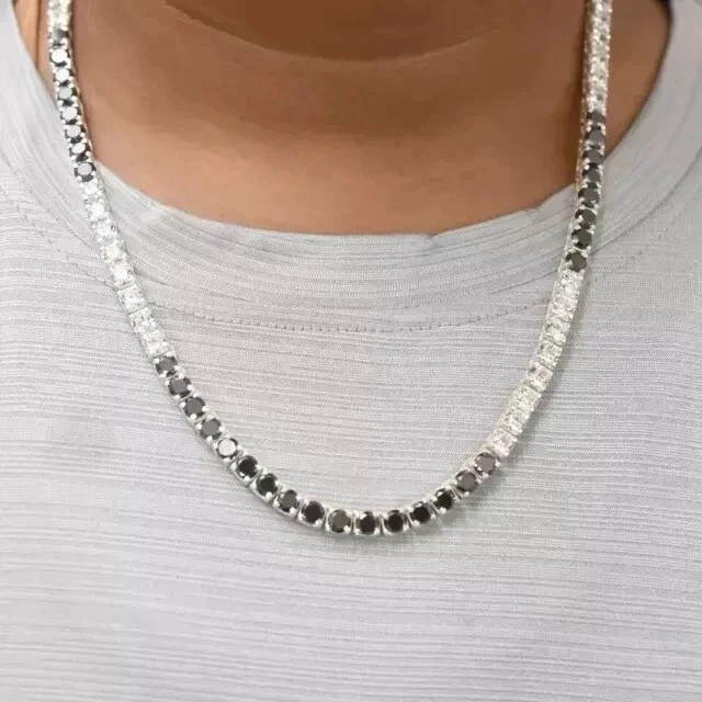 13Ct Lab Created 14K White Gold Finish 22'' Black Diamond Mens Tennis Necklace