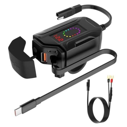 Motorcycle USB Charger, Retractable Type-C & Dual USB Fast Charging,