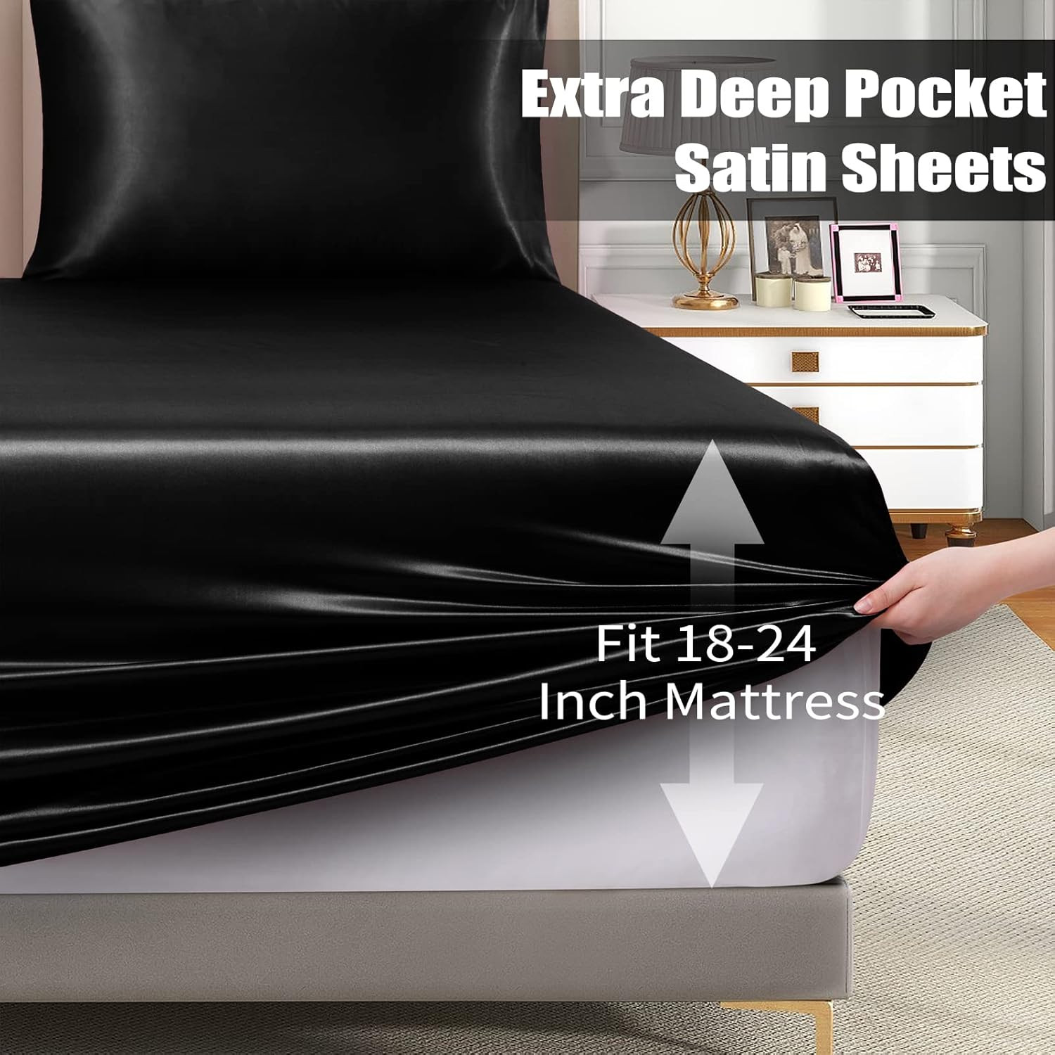 3Pcs Extra Deep Pocket Satin Fitted Sheet Set Queen Bed Set, Black Bottom Sheet